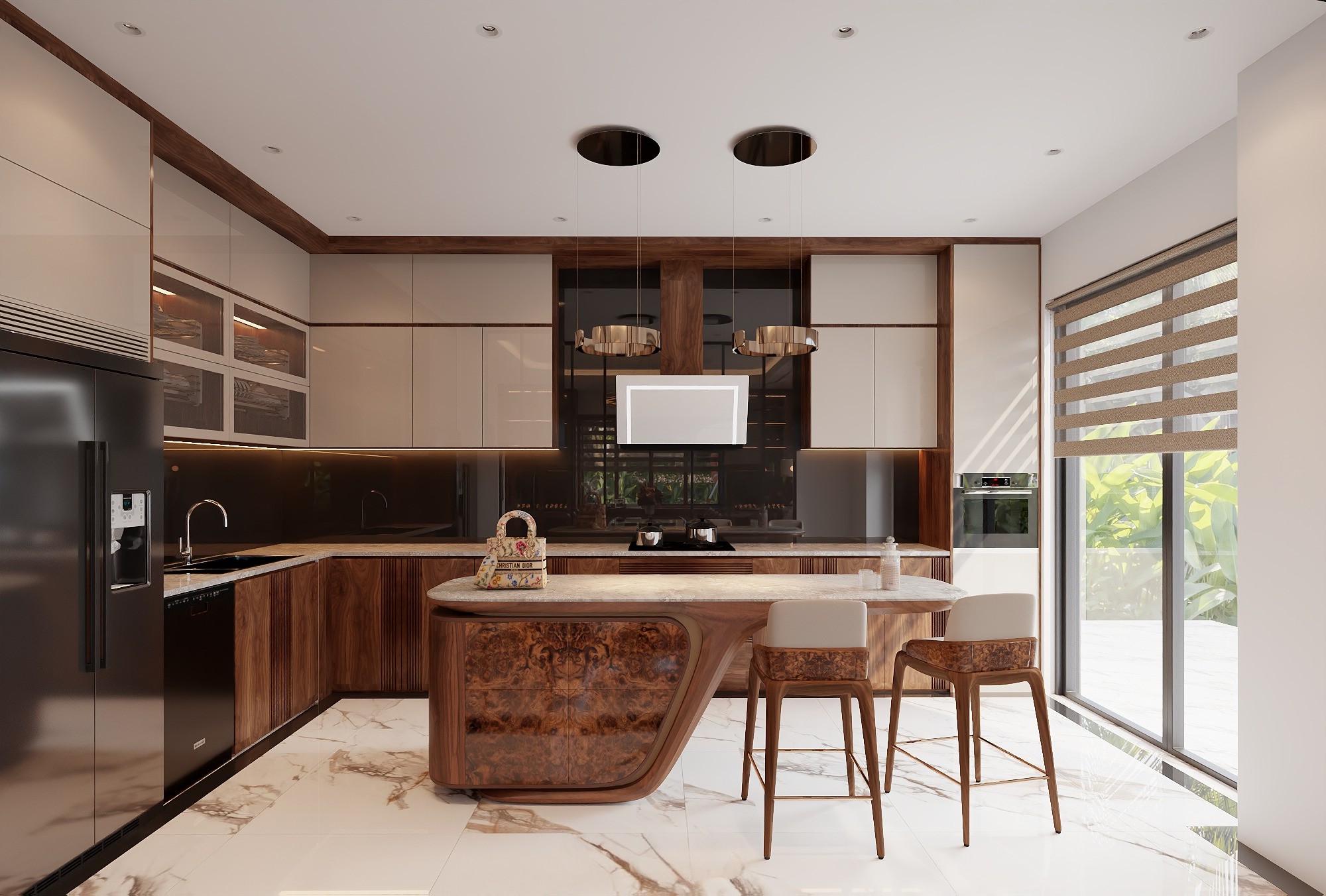 Giá tủ bếp chữ L gỗ công nghiệp MDF lõi xanh kết hợp gỗ tự nhiên sang trọng