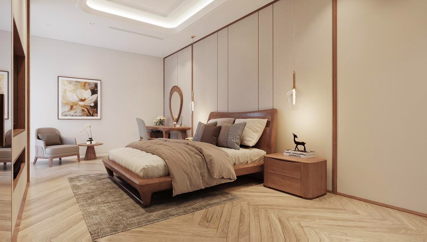 Giường gỗ sồi tự nhiên hình chữ nhật bệ thấp hiện đại