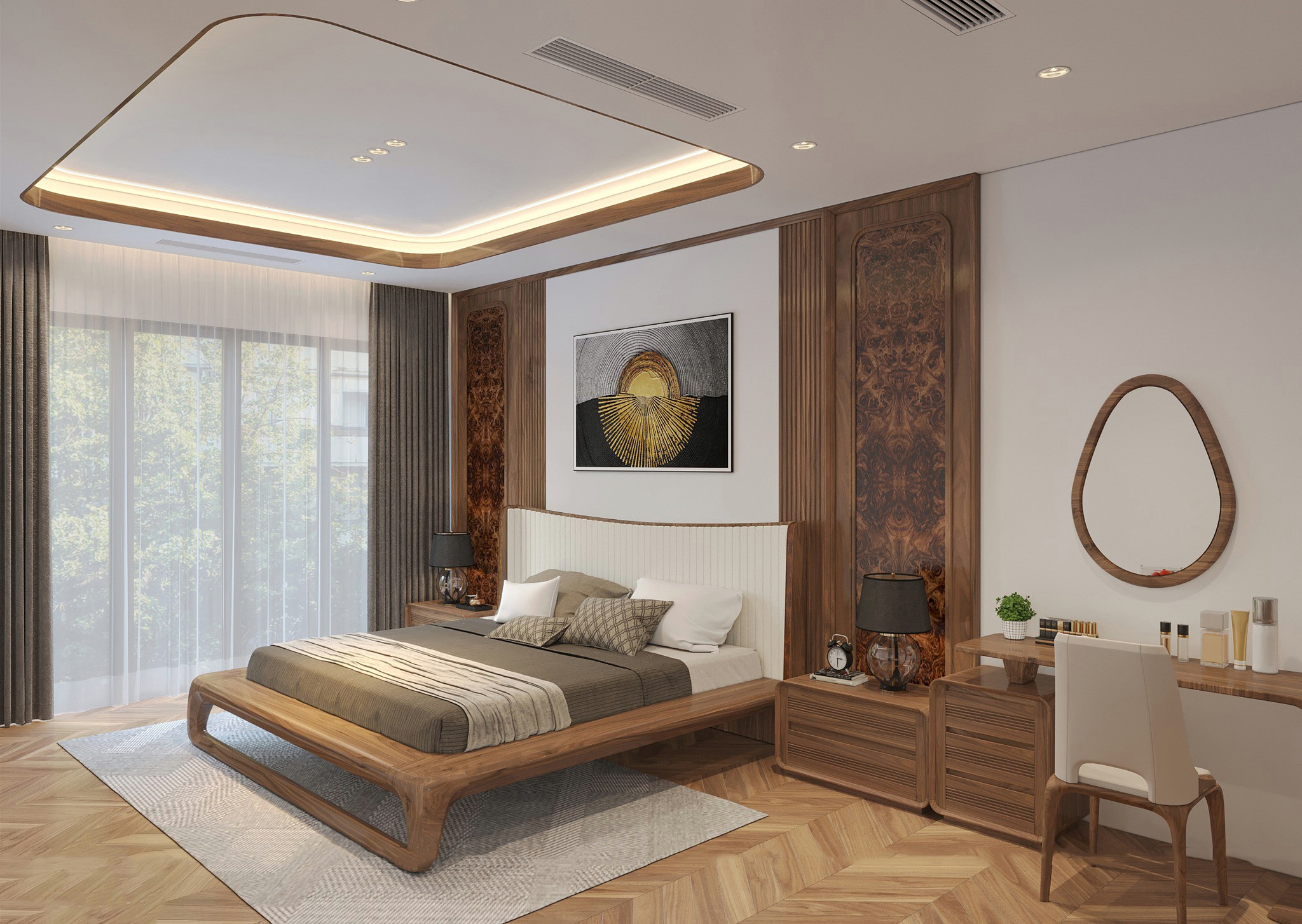 Giường ngủ 1m6 x 2m gỗ sồi tự nhiên hiện đại với tựa đầu bọc da trắng