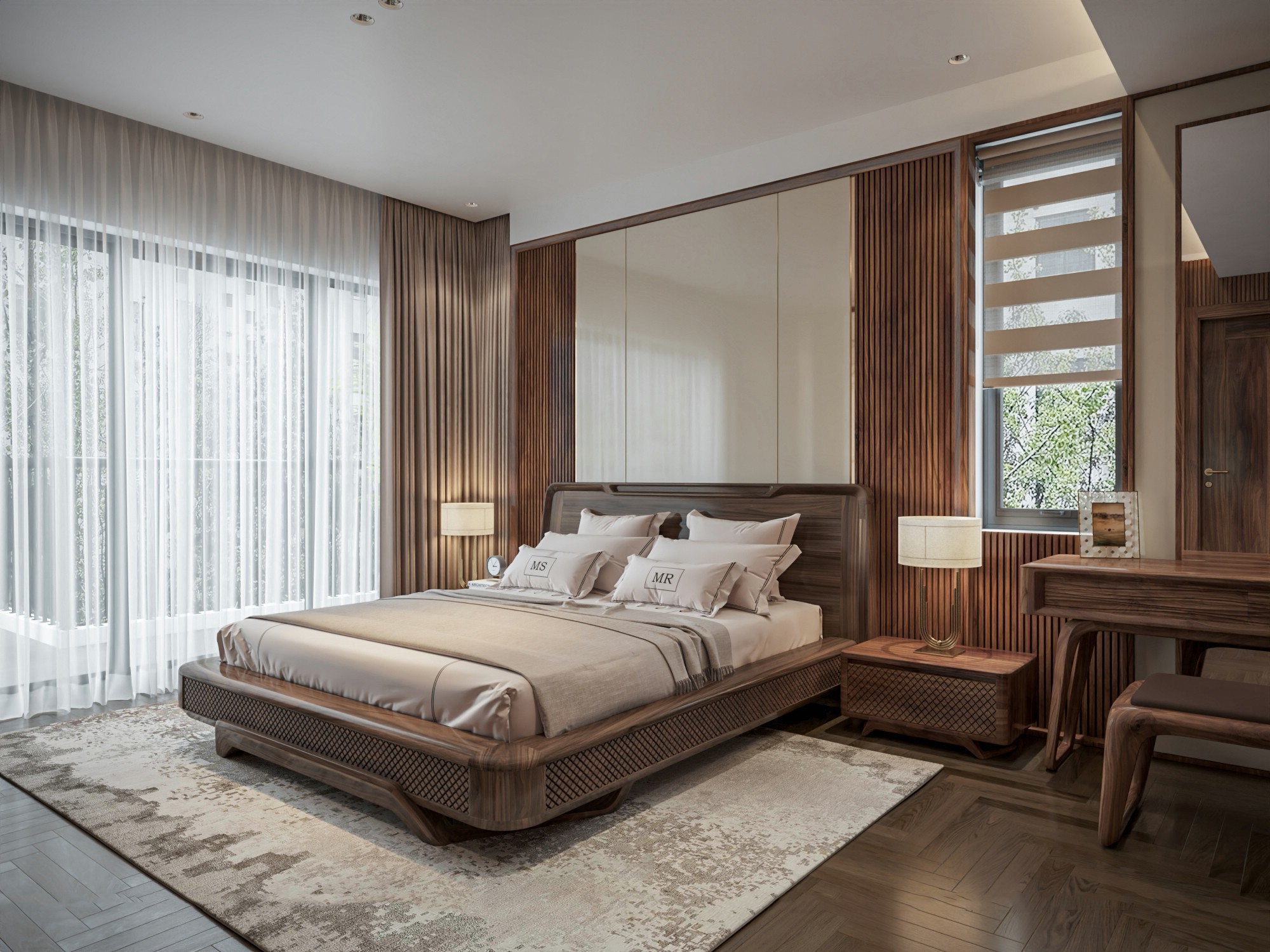 Giường ngủ 1m8x2m gỗ óc chó nâu gụ, ốp CNC mắt cáo bo tròn góc, chân chữ U chéo, tựa đầu ghép nan viền bo tròn