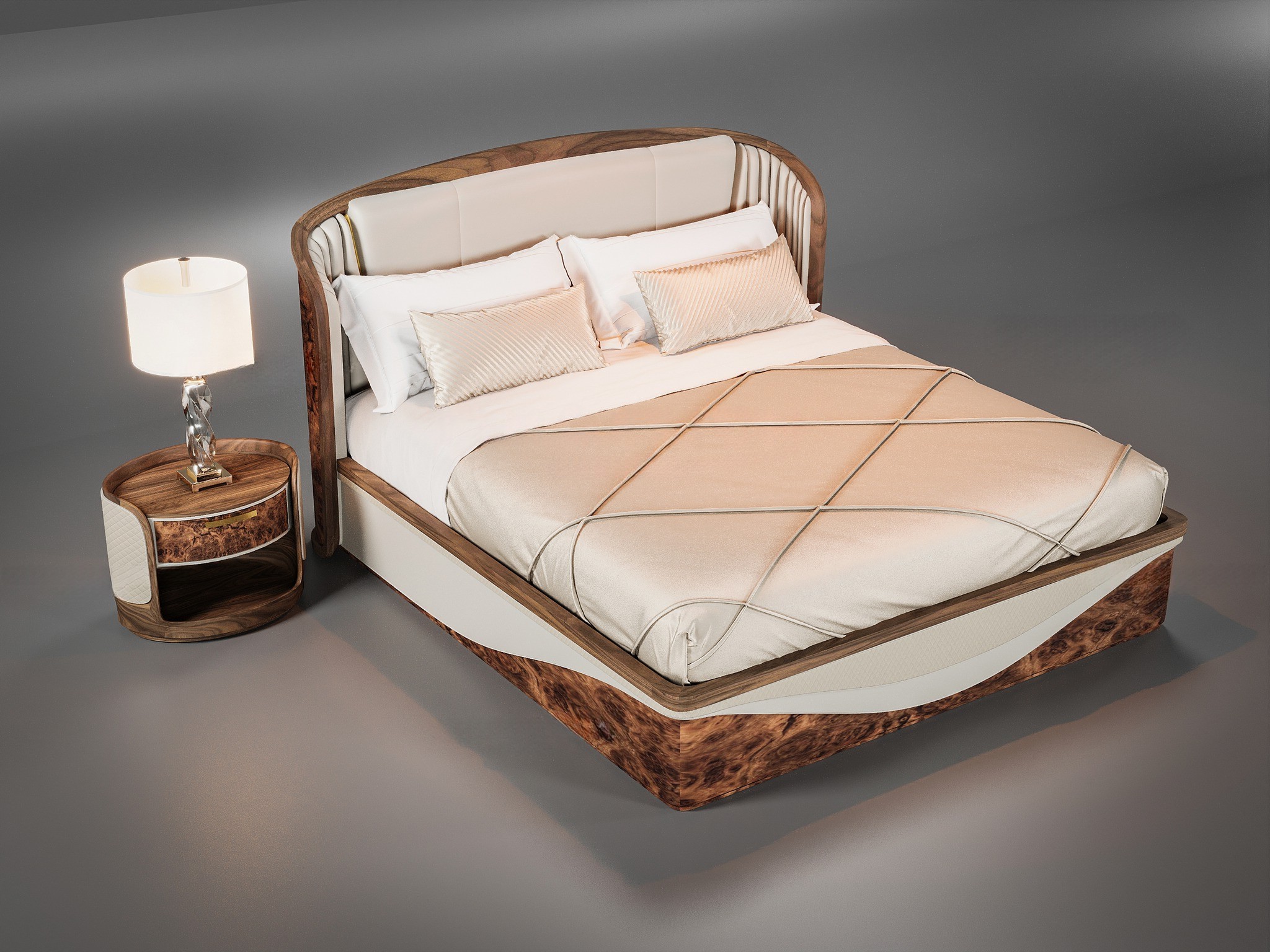 Giường ngủ cao cấp thiết kế giường hộp, khung bọc da lượn sóng và đầu giường vát cong ốp veneer nu