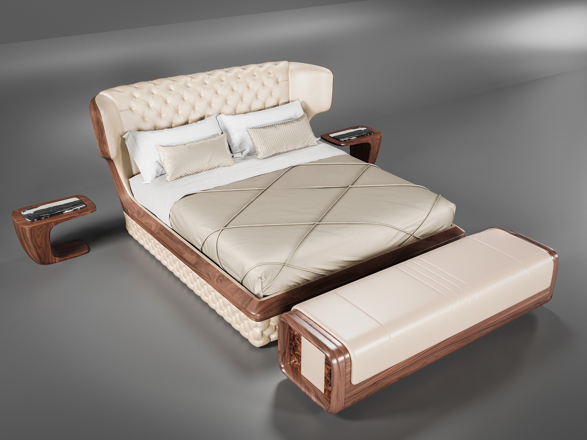 Giường ngủ đôi gỗ óc chó dáng hộp chữ nhật với tựa đầu vòm cung bọc da sang trọng