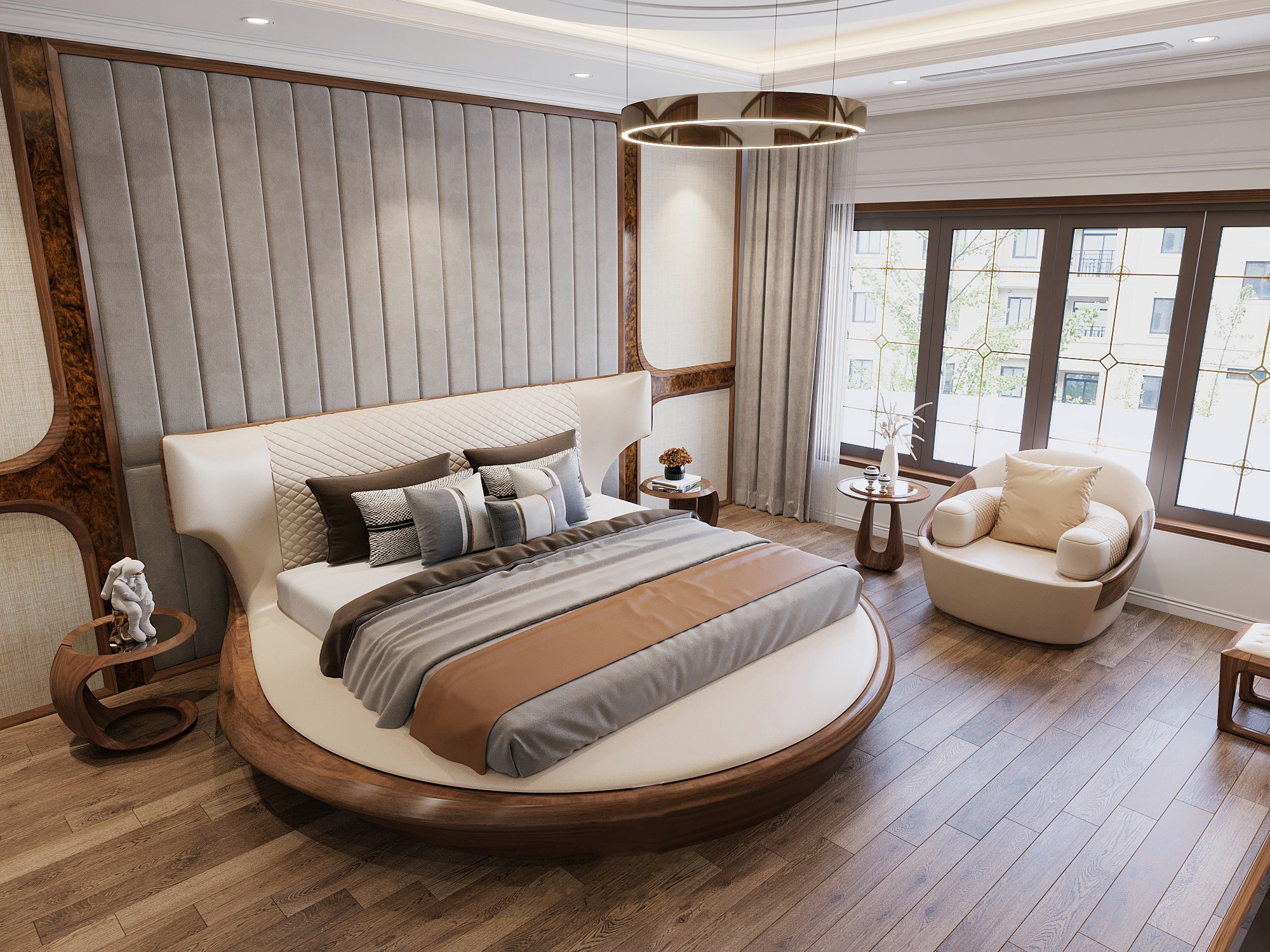 Giường ngủ gỗ cao cấp hình tròn với nệm bọc da và khung gỗ tự nhiên