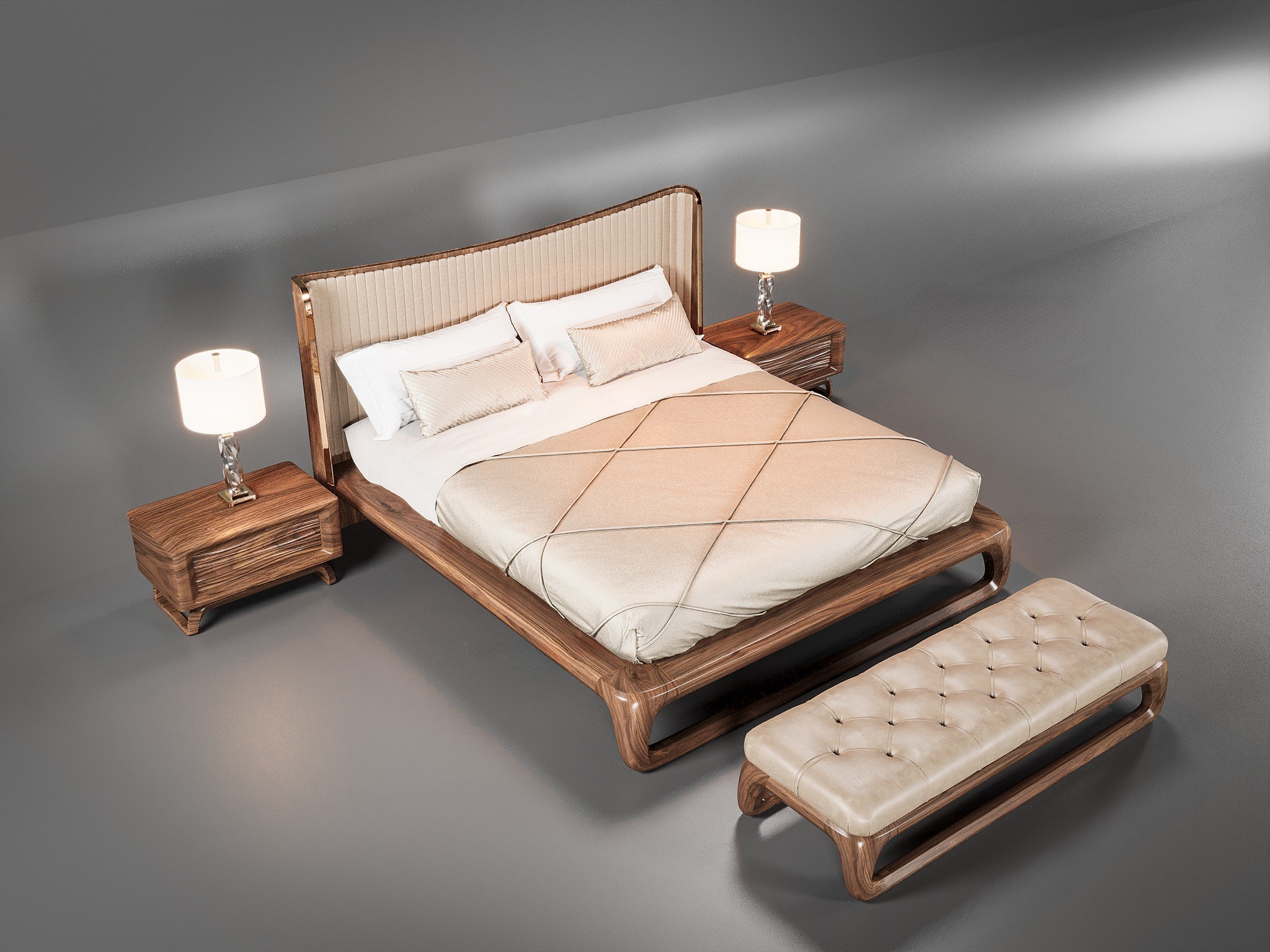 Giường ngủ gỗ hiện đại với tựa đầu bọc nệm và tab đầu giường