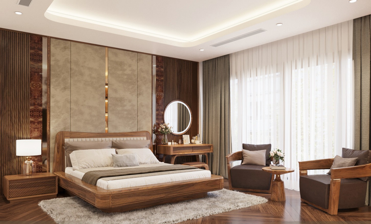 Giường ngủ gỗ óc chó đầu giường bọc da sang trọng