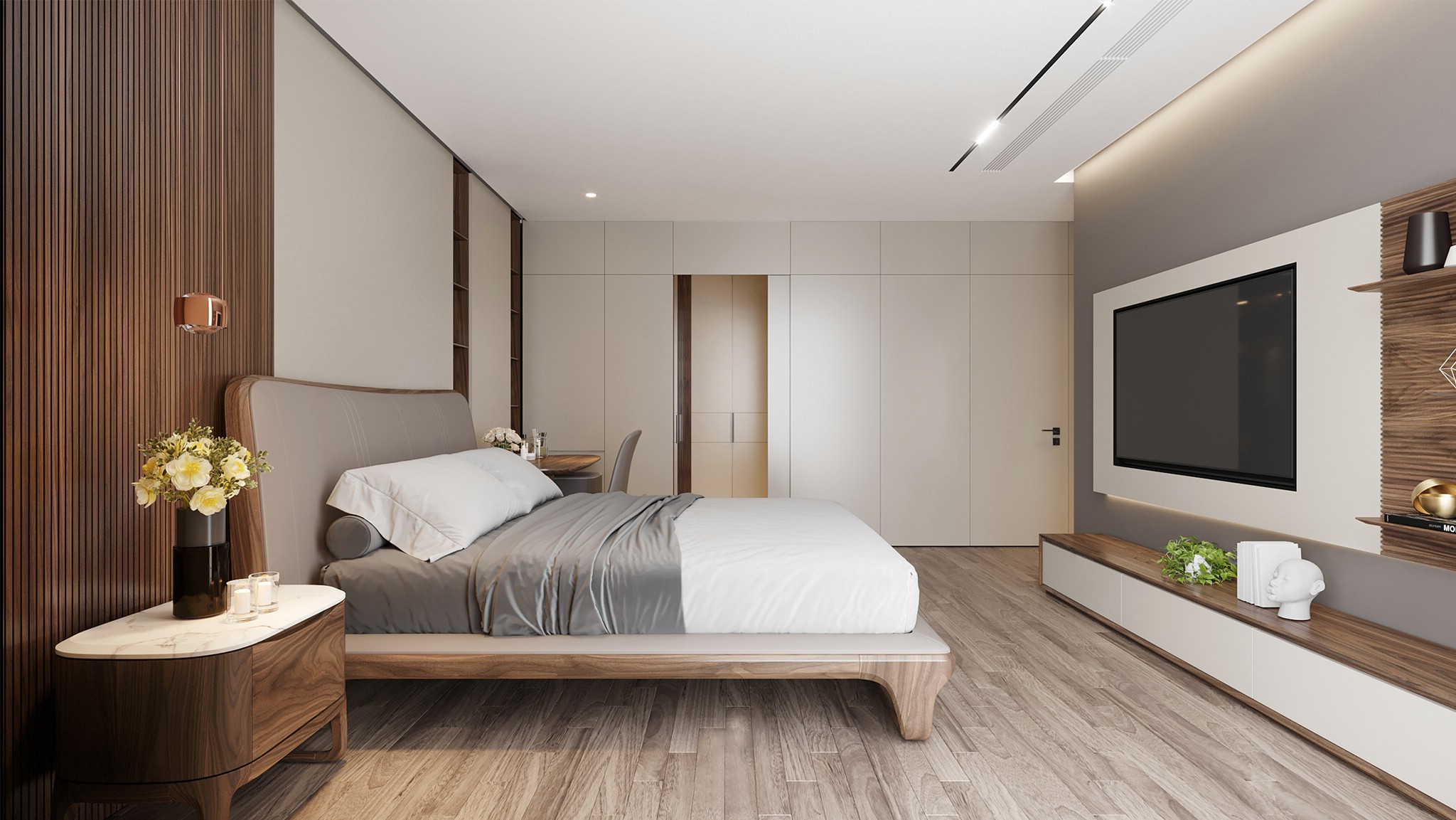 Giường ngủ gỗ tự nhiên cao cấp với khung gỗ dày và da bọc màu nâu nhạt