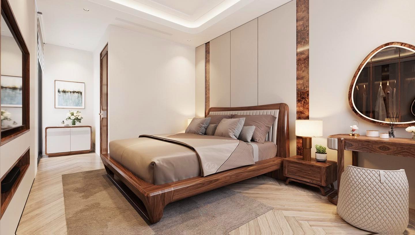 Giường ngủ gỗ tự nhiên hiện đại với tựa đầu bọc da màu ghi sáng