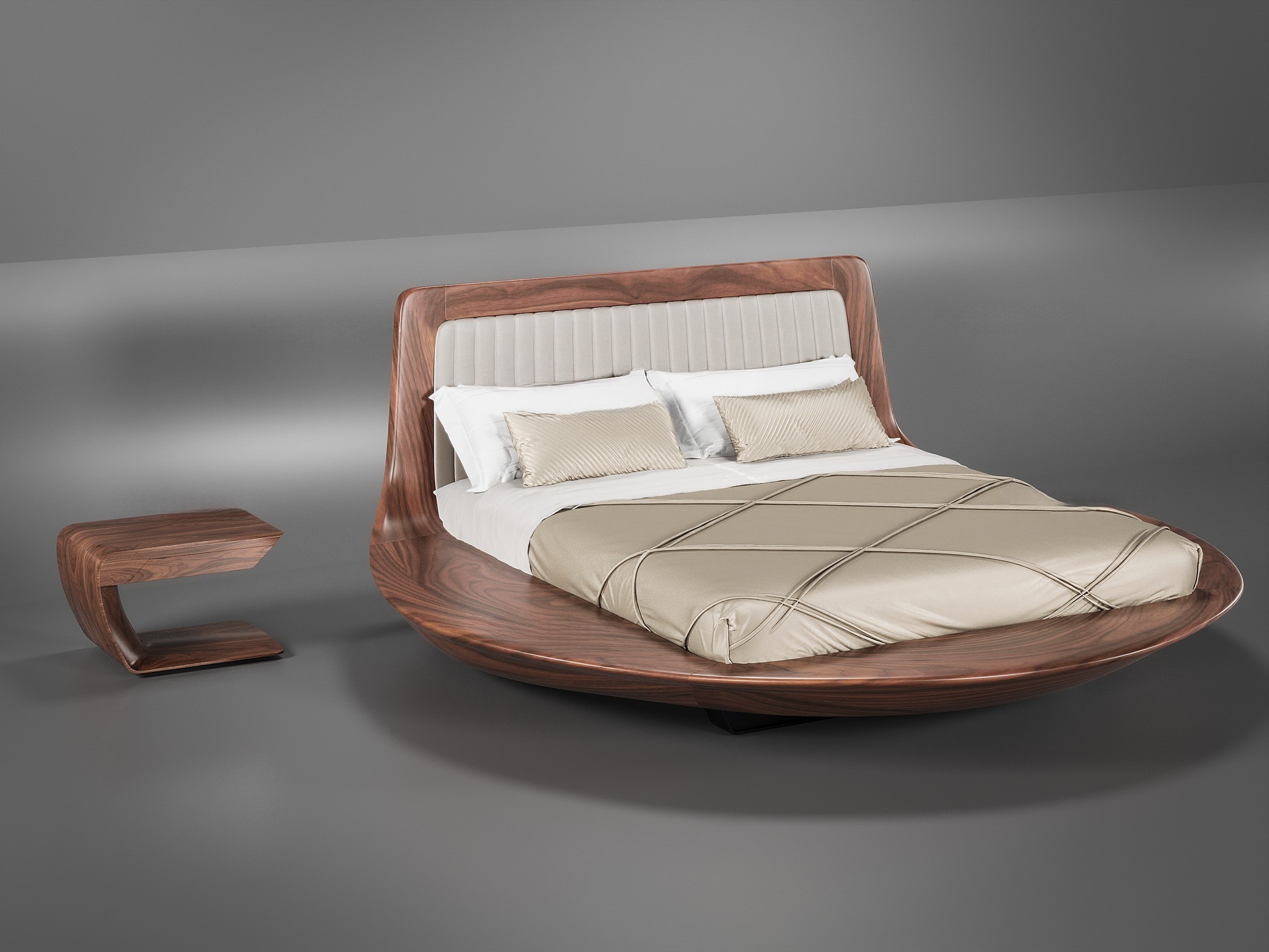 Giường ngủ hiện đại cao cấp hình tròn với khung gỗ óc chó và chân ẩn sang trọng