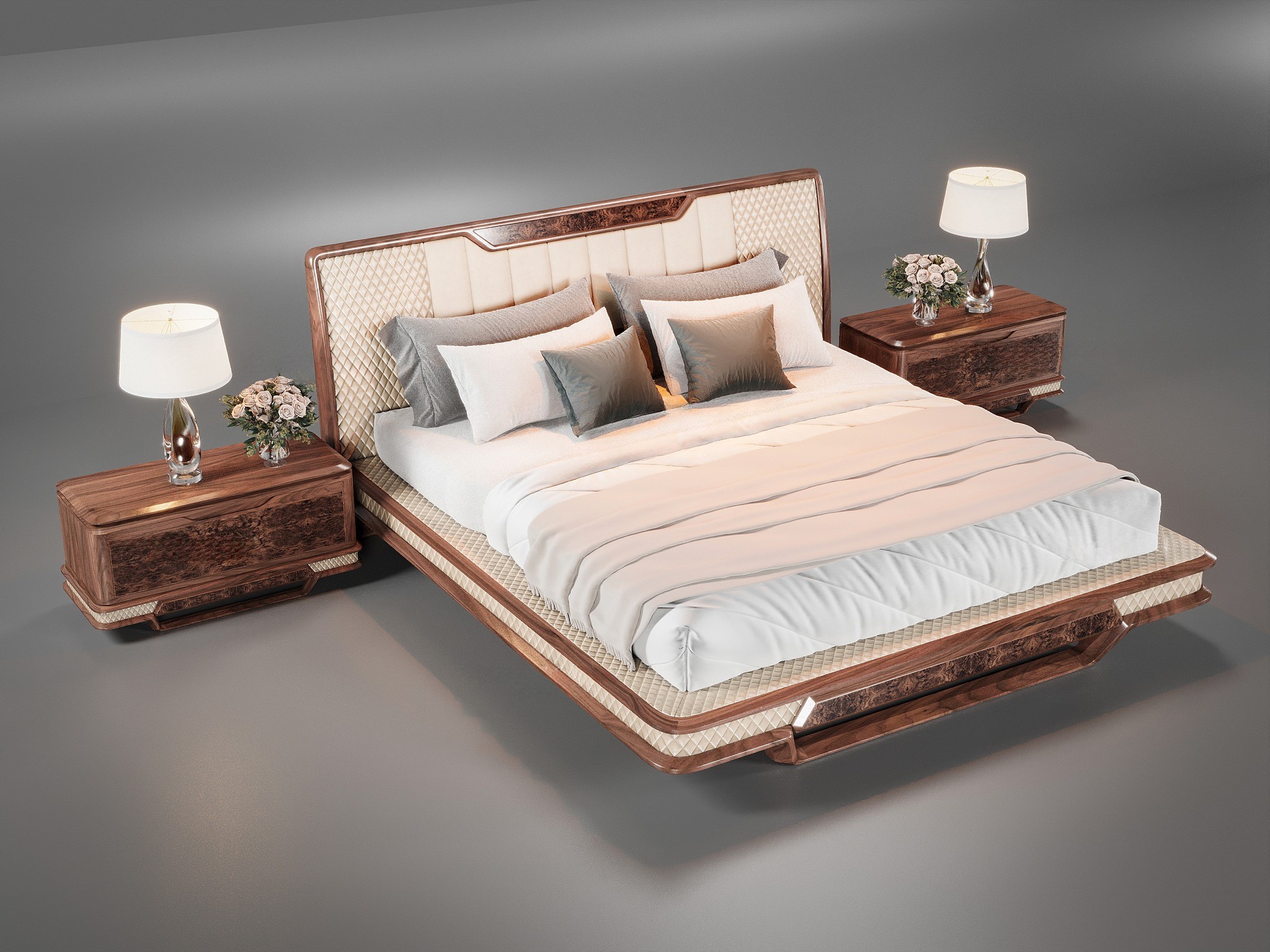 Giường ngủ sang trọng bằng gỗ tự nhiên phủ bóng và đầu giường bọc da