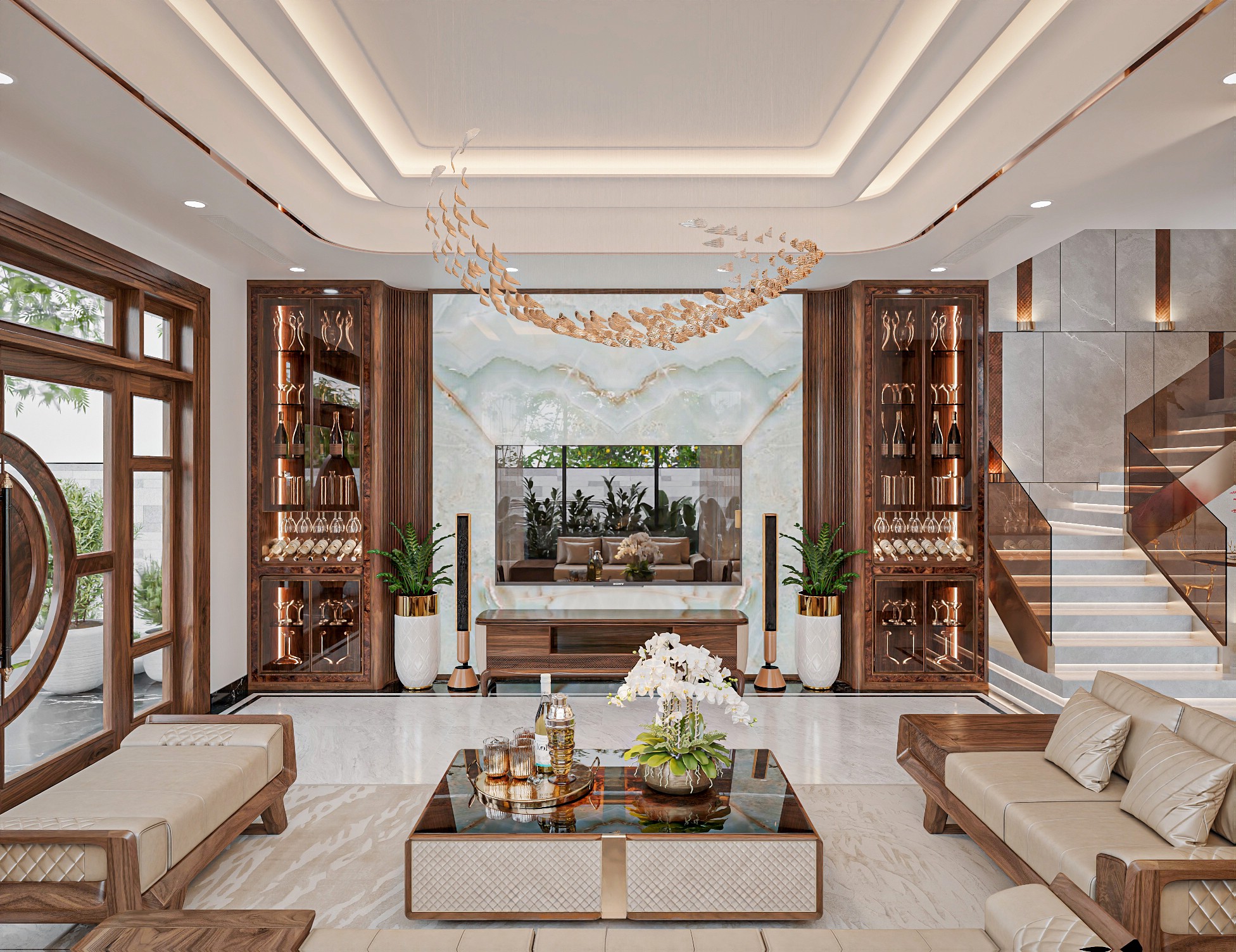 Kệ tivi cao cấp gỗ tự nhiên màu nâu đậm với chân chữ U liền khối