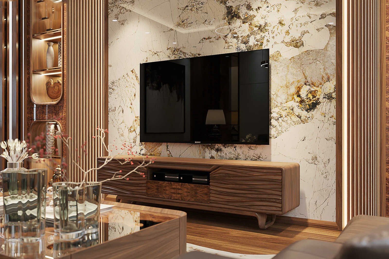 Kệ tivi gỗ veneer óc chó sang trọng hiện đại