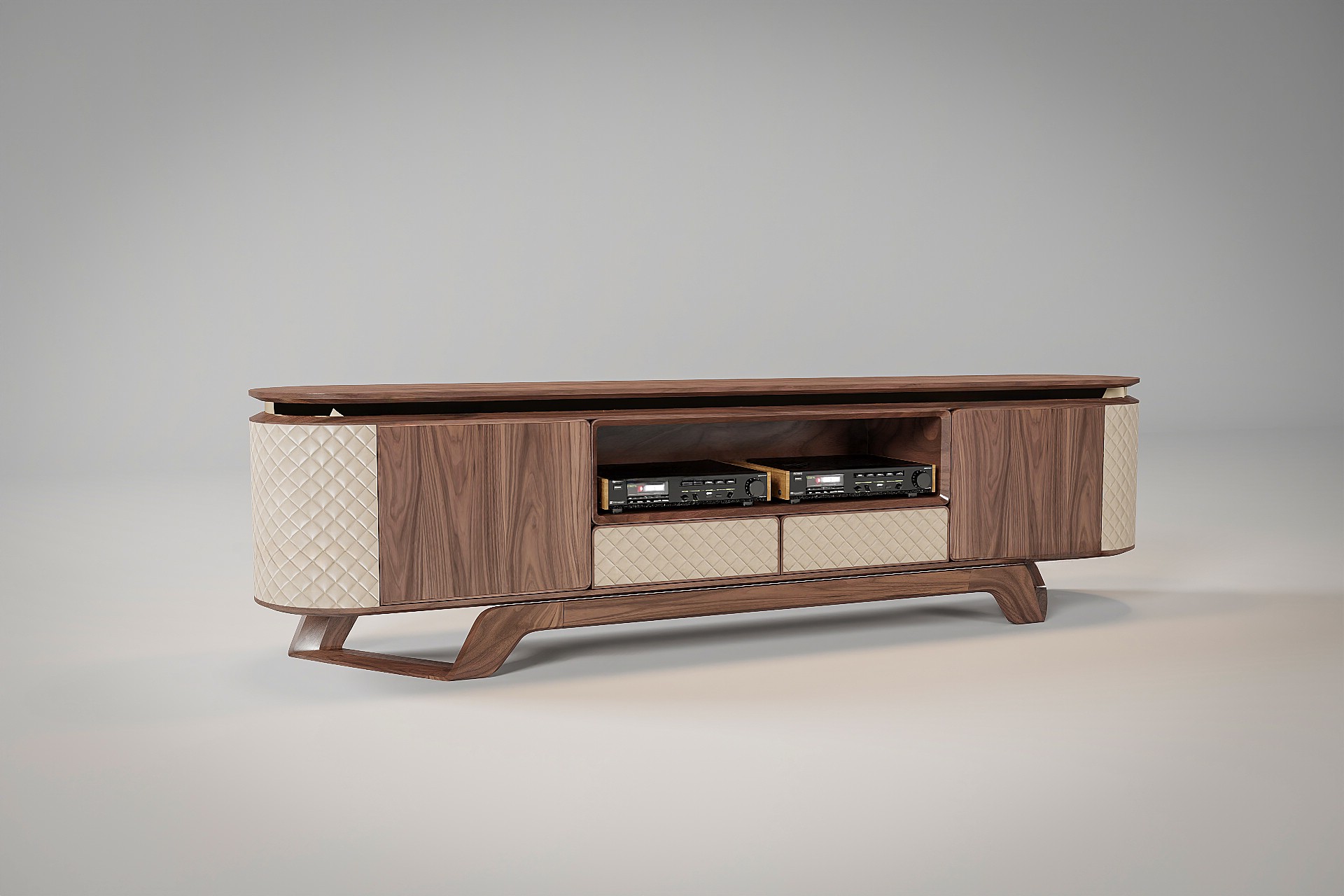 Kệ tivi đẹp hiện đại bằng gỗ óc chó màu nâu trầm với thiết kế bo tròn vòm cung