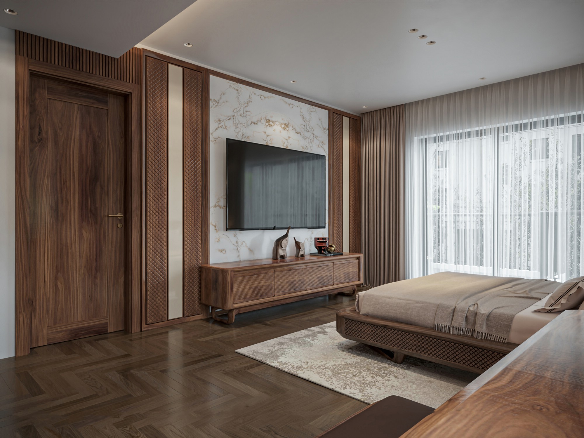 Kệ tivi đẹp bằng gỗ veneer óc chó sang trọng