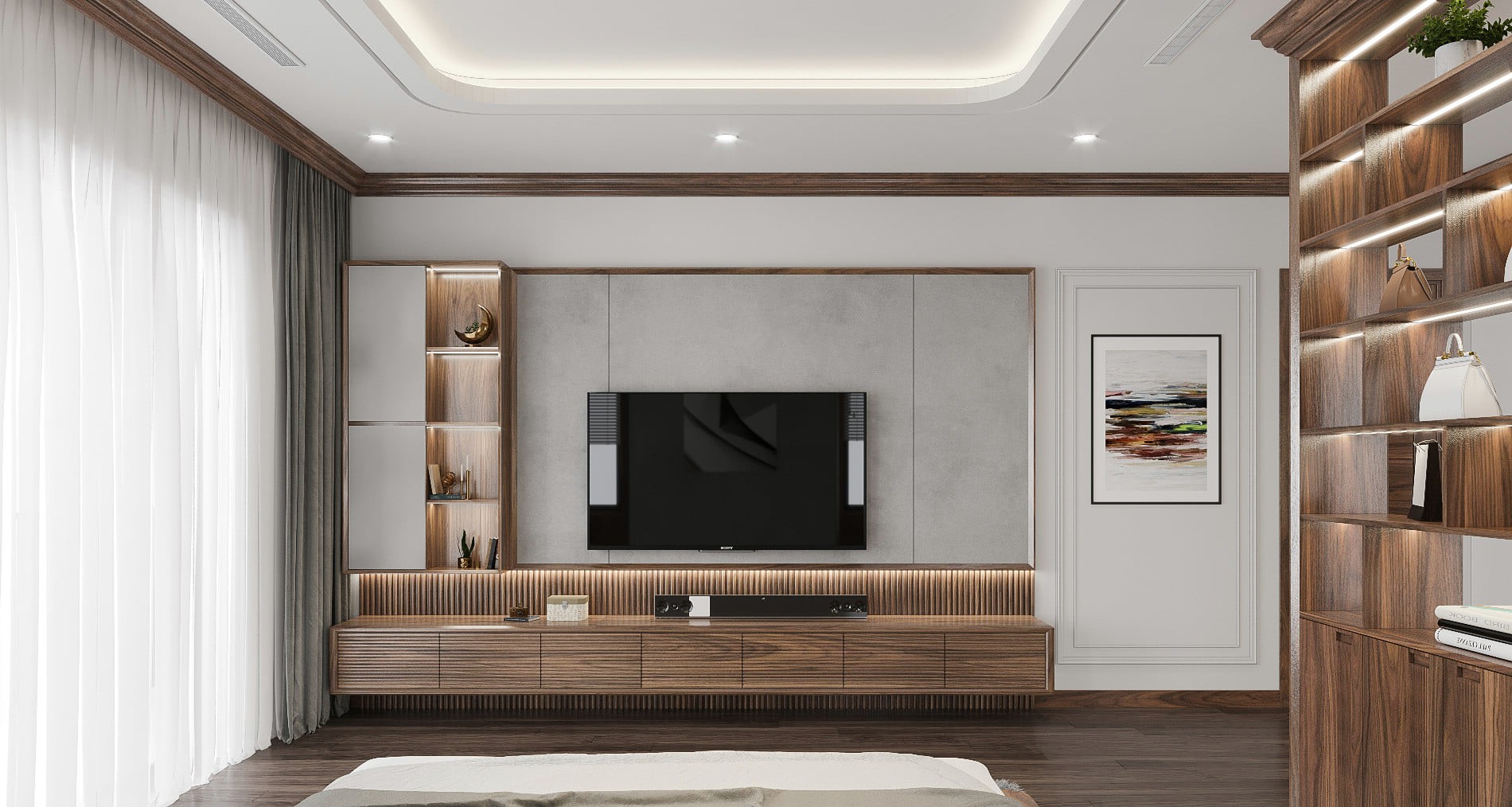 Kệ tivi đơn giản mà đẹp treo tường phòng ngủ với nhiều ngăn kéo và kệ trang trí