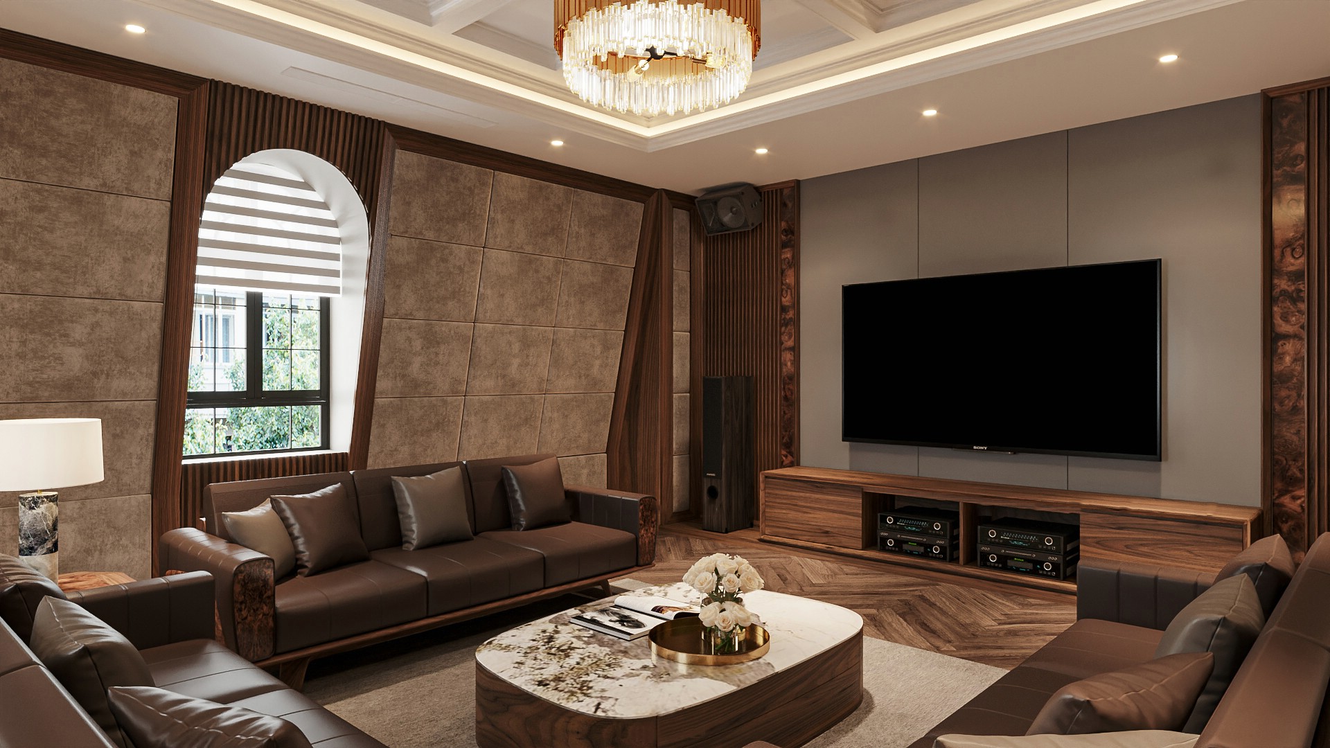 Kệ tivi đơn giản bằng gỗ óc chó tự nhiên với thiết kế sát sàn và vách lam sóng hai bên