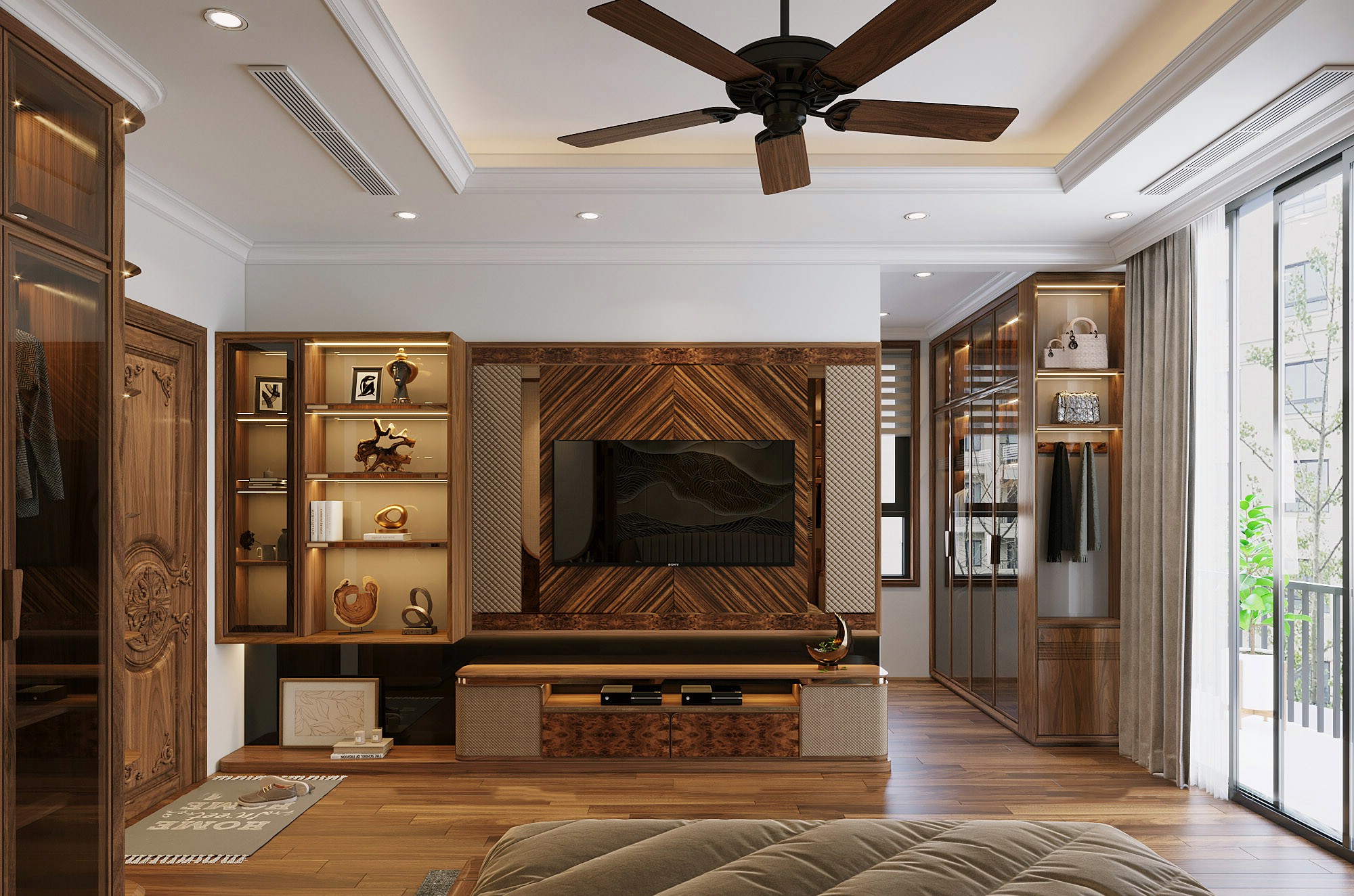 Kệ tivi gỗ tự nhiên hiện đại màu nâu trầm kết hợp kệ trang trí 4 tầng