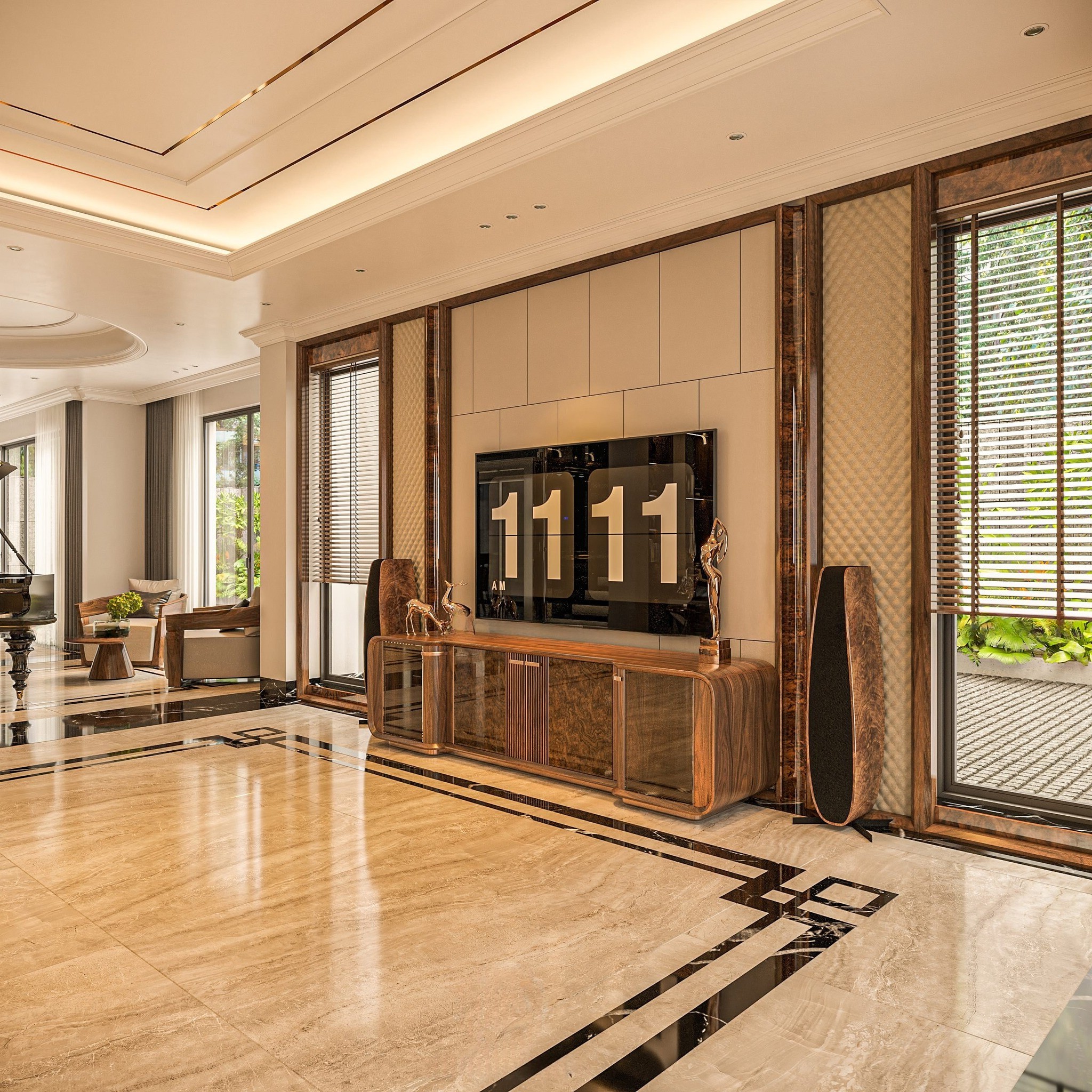 Kệ tivi hiện đại đẹp bằng gỗ tự nhiên với ngăn kính và veneer nu sang trọng