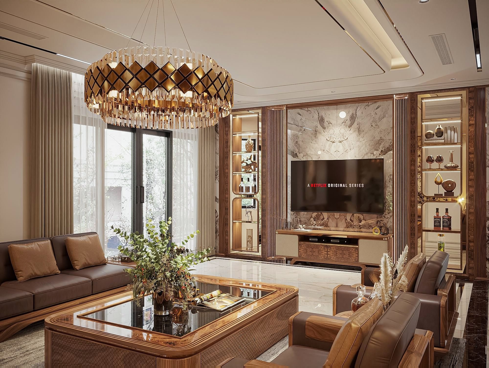 Mẫu kệ tivi kèm tủ rượu hiện đại với viền vàng đồng và kệ gỗ veneer nu sang trọng