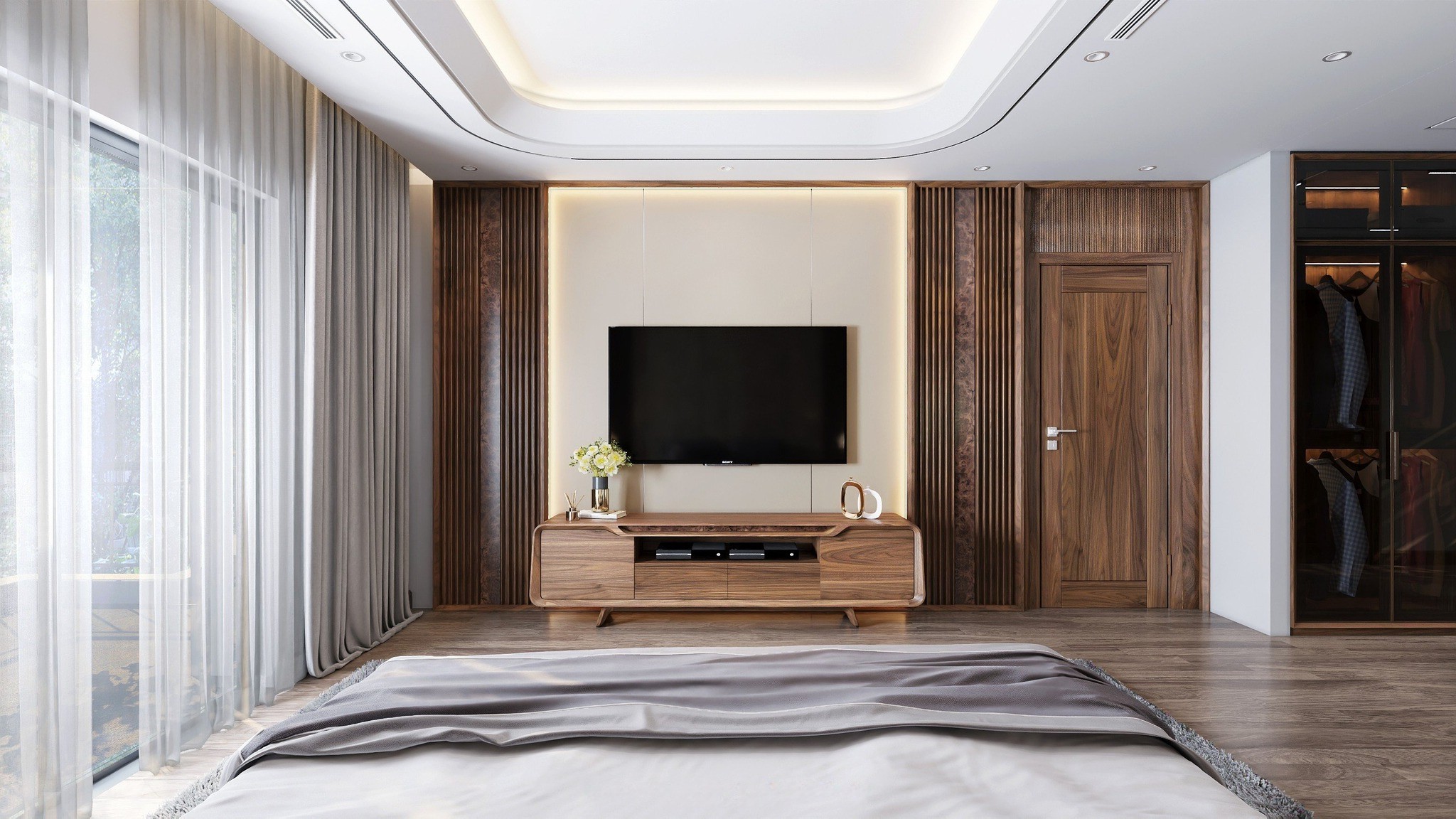 Kệ tivi phòng ngủ hiện đại chất liệu gỗ óc chó, thiết kế bo tròn và chân chữ V ngược