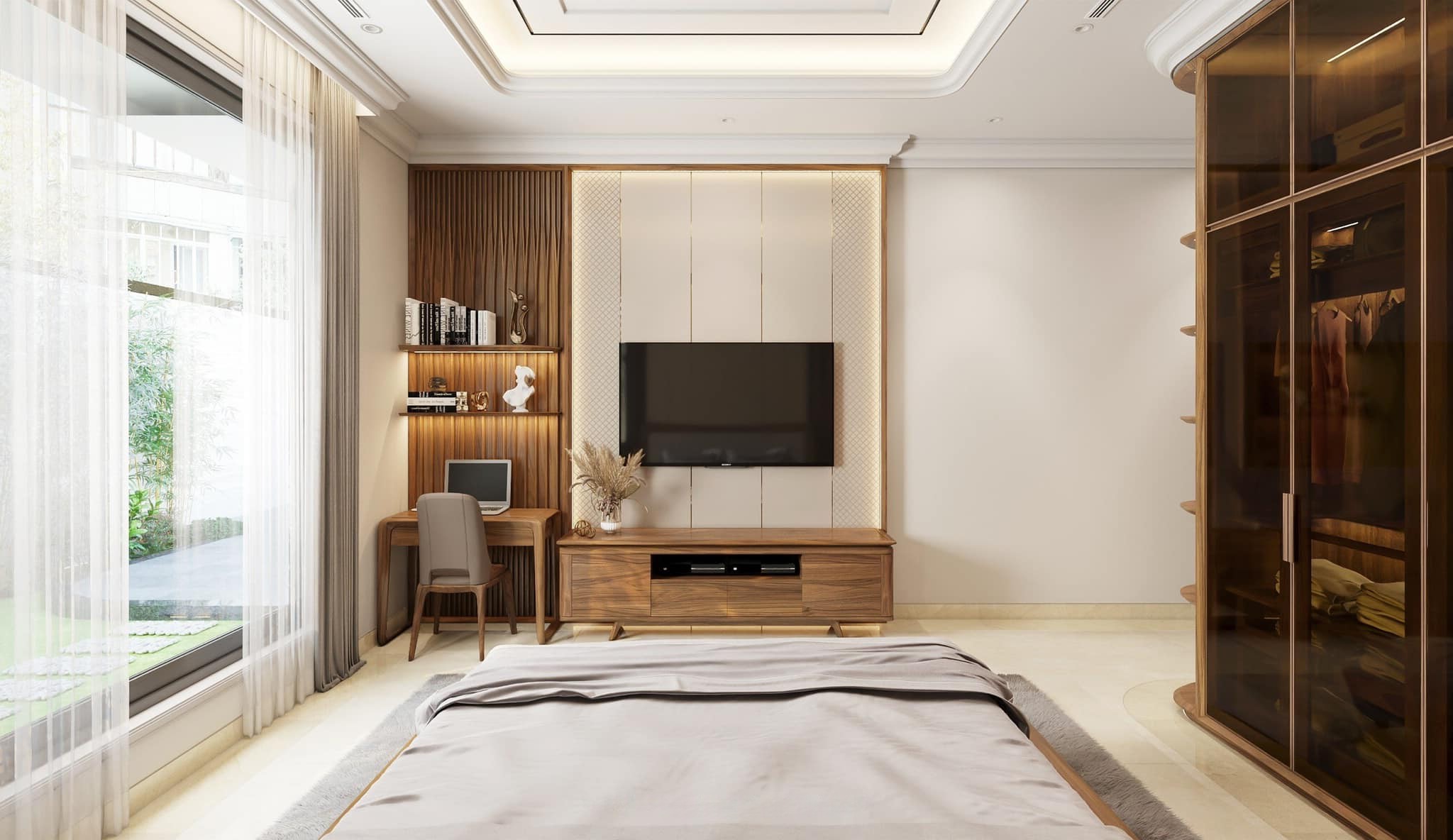 Kệ tivi phòng ngủ dáng thấp với chân chữ V ngược và nhiều ngăn lưu trữ