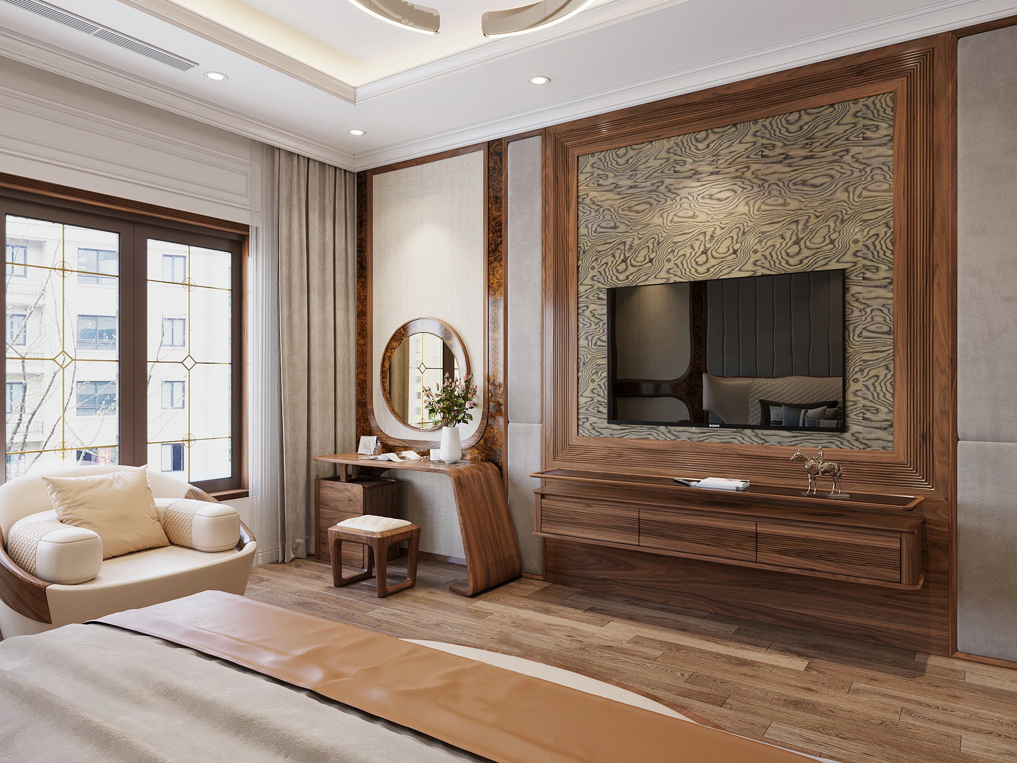 Kệ tivi treo tường gỗ veneer óc chó hiện đại