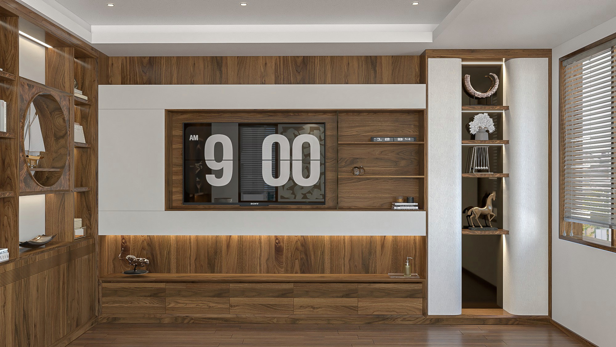 Kệ treo tivi gỗ veneer óc chó hiện đại, sang trọng