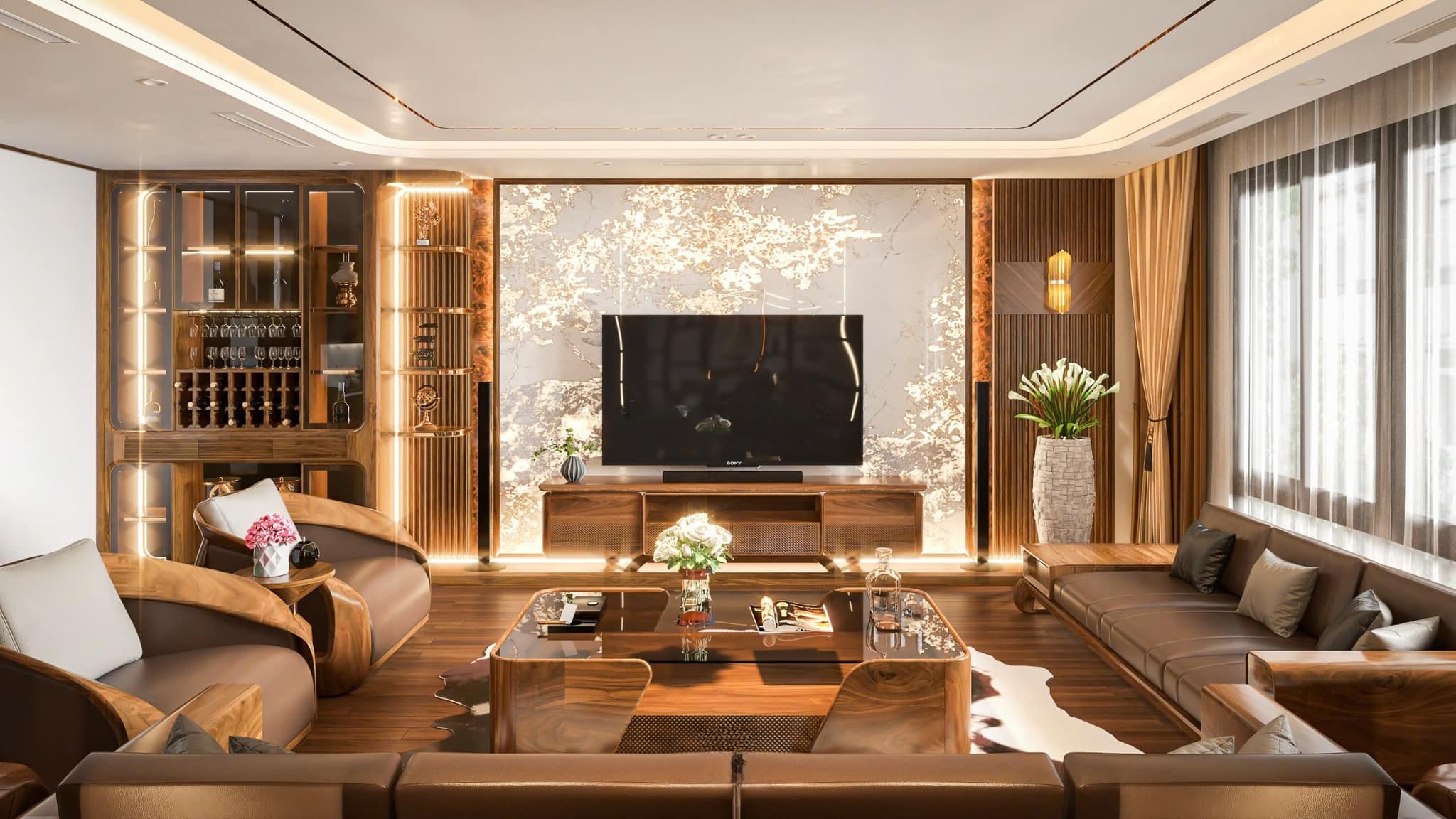 Kệ tủ rượu phòng khách gỗ MDF vân gỗ nâu tự nhiên với nhiều ngăn lưu trữ và kệ trang trí vát cong