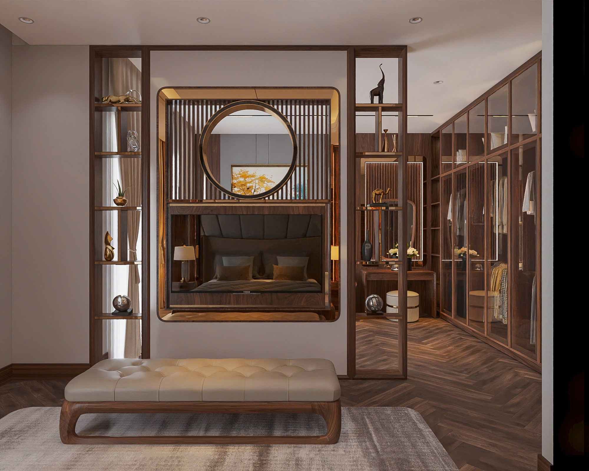 Kệ vách ngăn đẹp bằng gỗ MDF laminate màu nâu gụ với kệ trang trí và tivi