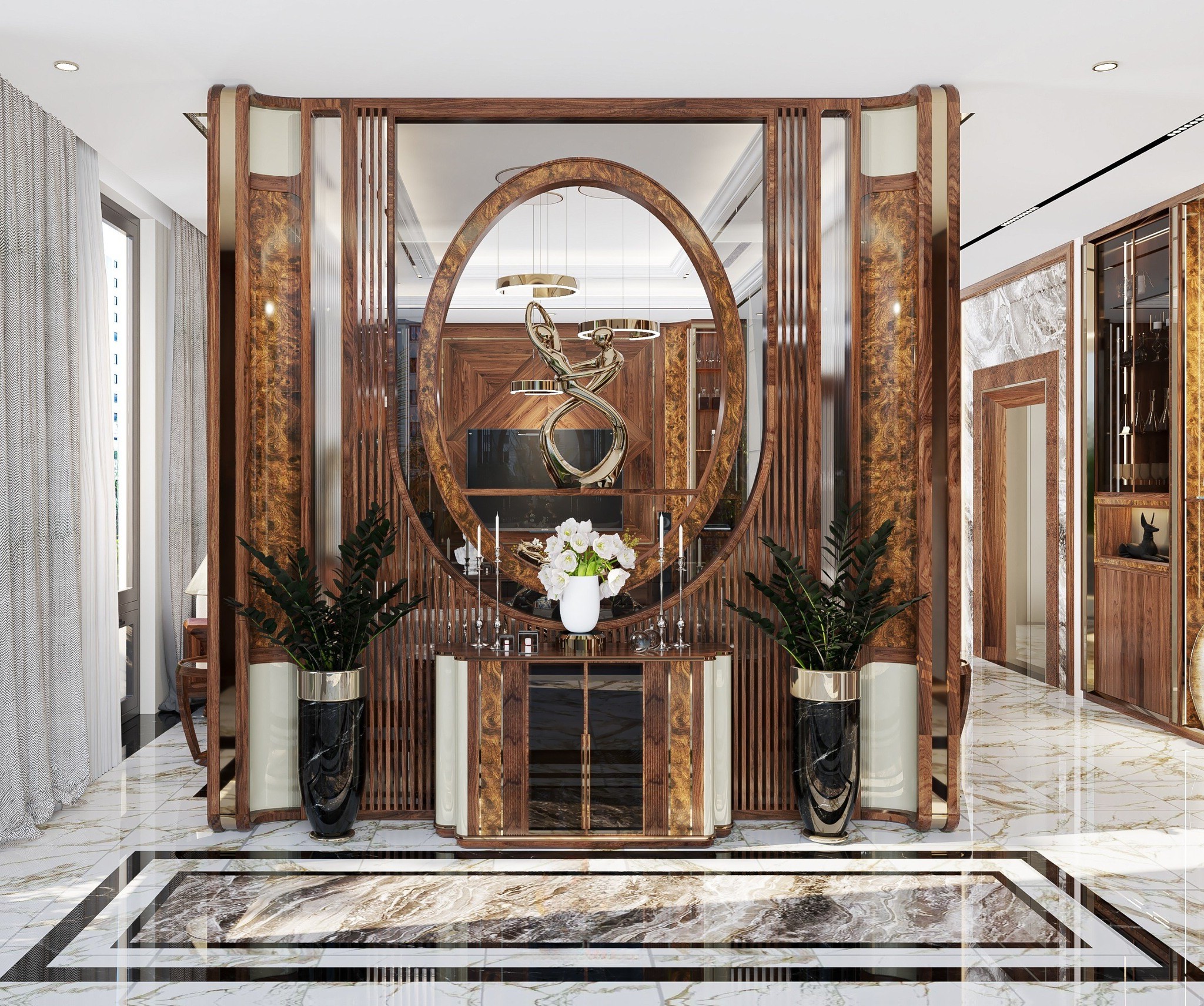 Kệ vách ngăn phòng khách gỗ tự nhiên với kính vòm cung và veneer nu sang trọng