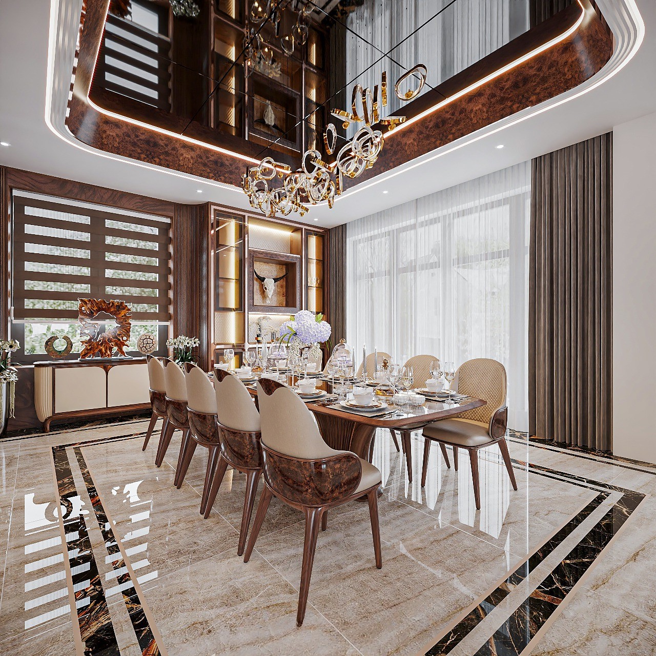 Mẫu bàn ăn đẹp 10 ghế gỗ óc chó mặt đá sang trọng cho phòng ăn hiện đại