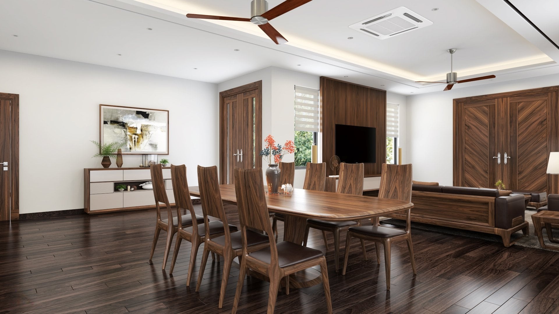 Mẫu bàn ghế ăn gỗ Óc Chó với bàn lớn và ghế bọc da bò Ý