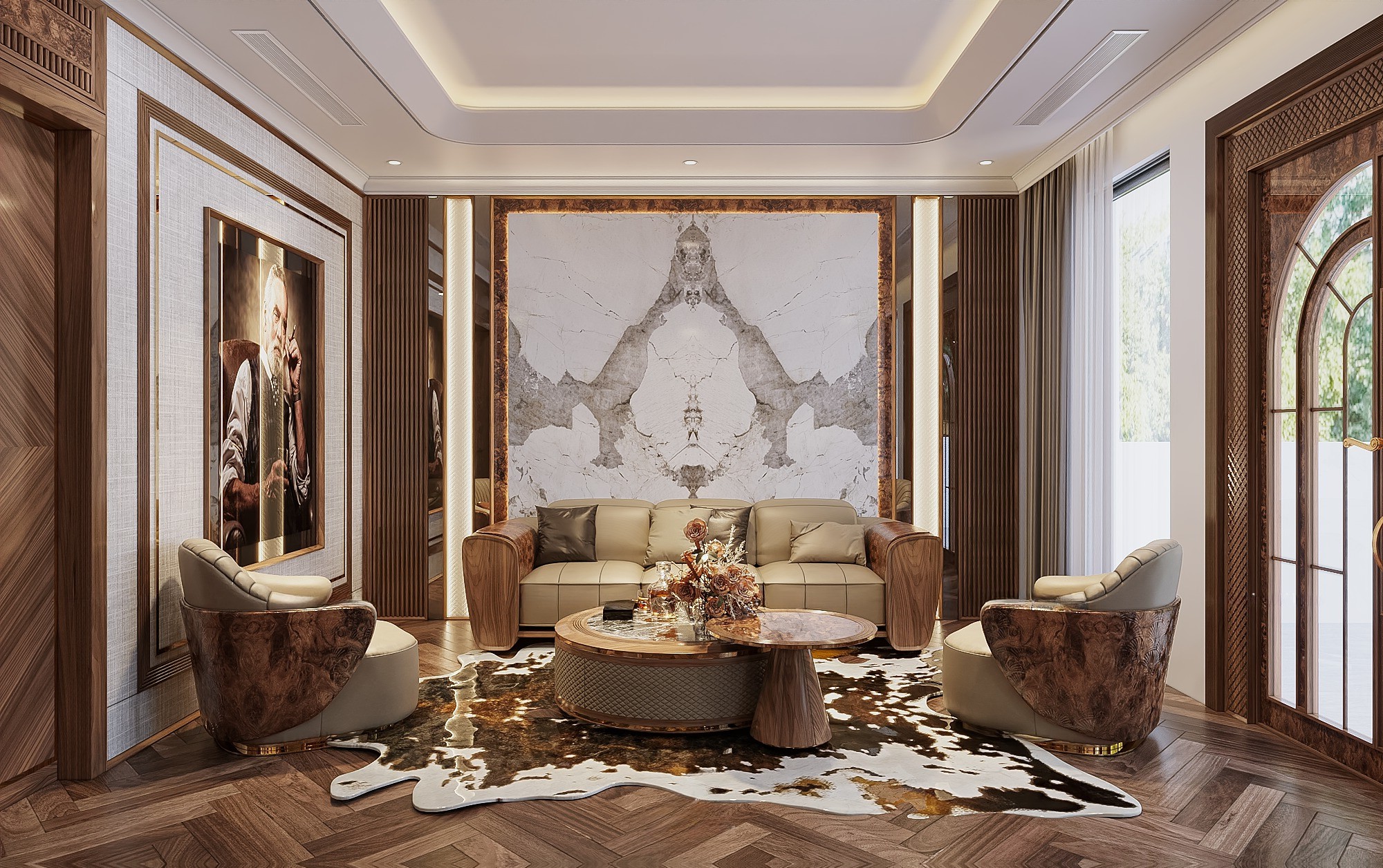 Mẫu bàn ghế phòng khách đẹp gỗ óc chó với ghế băng 3 chỗ và bàn trà tròn bọc da quả trám