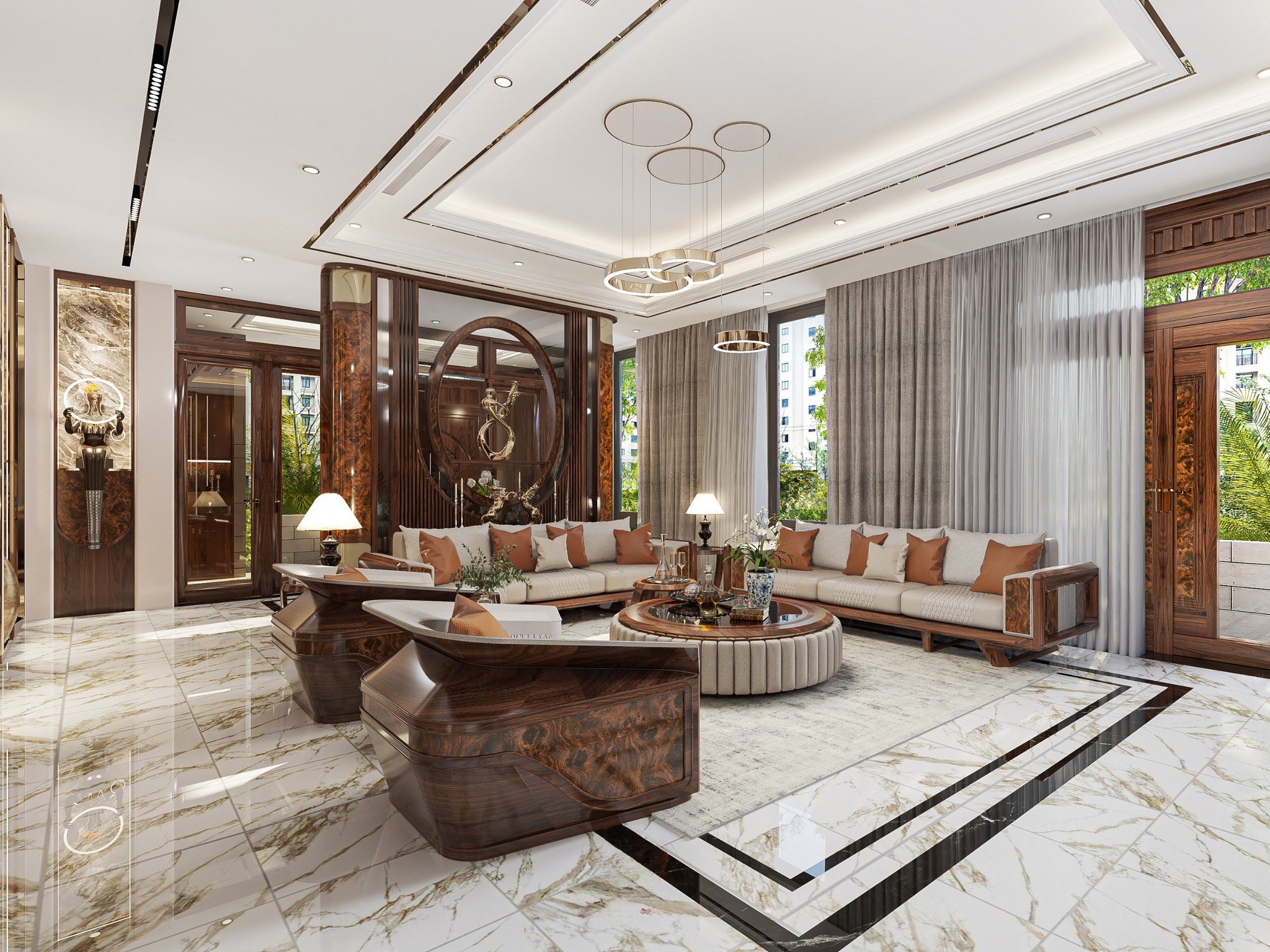 Mẫu bàn ghế sofa gỗ mới nhất với ghế đơn ốp veneer nu và sofa bọc da hiện đại