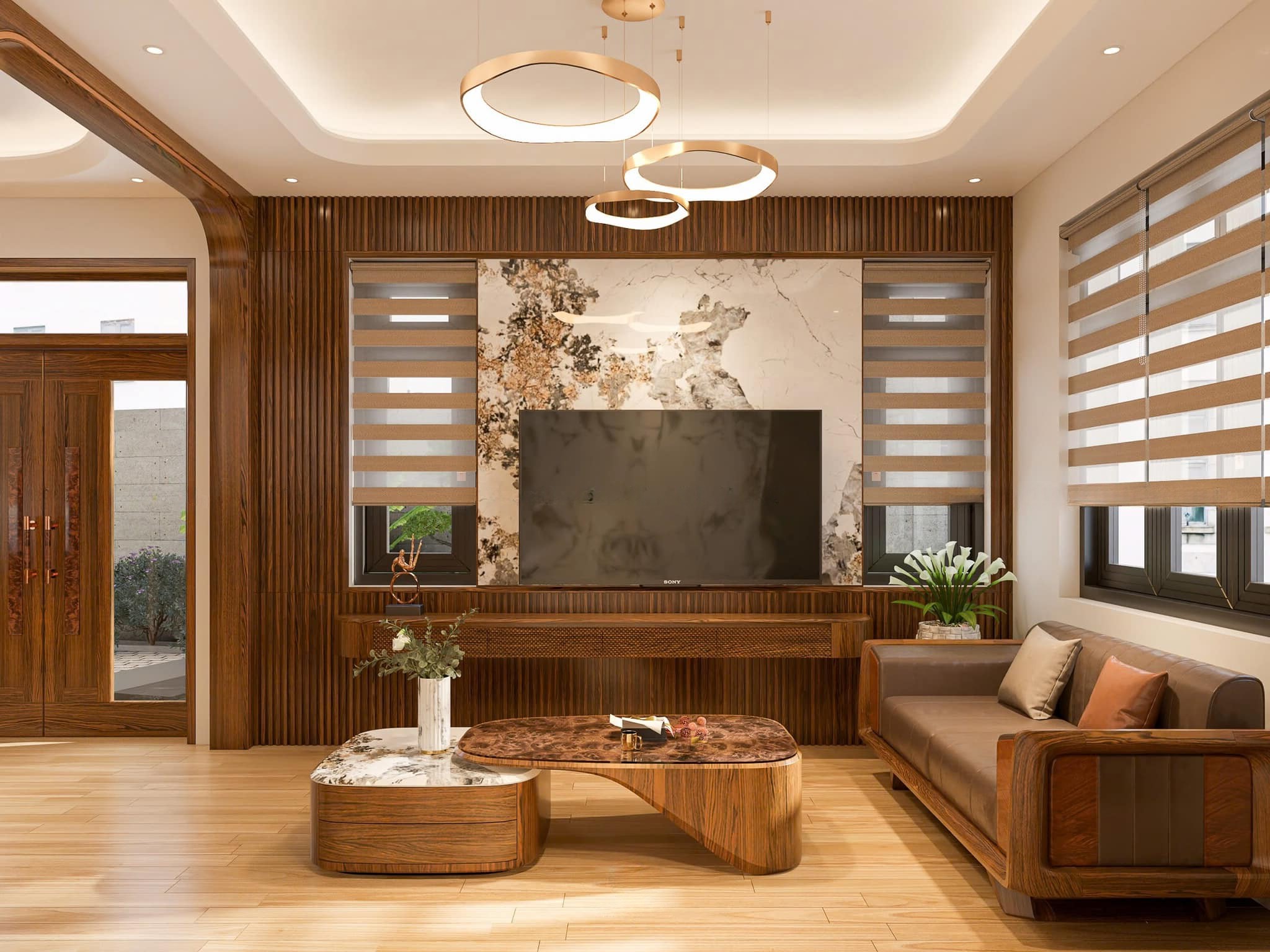 Mẫu bàn trà đẹp đơn giản hình hộp chữ nhật mặt đá marble và gỗ veneer nu