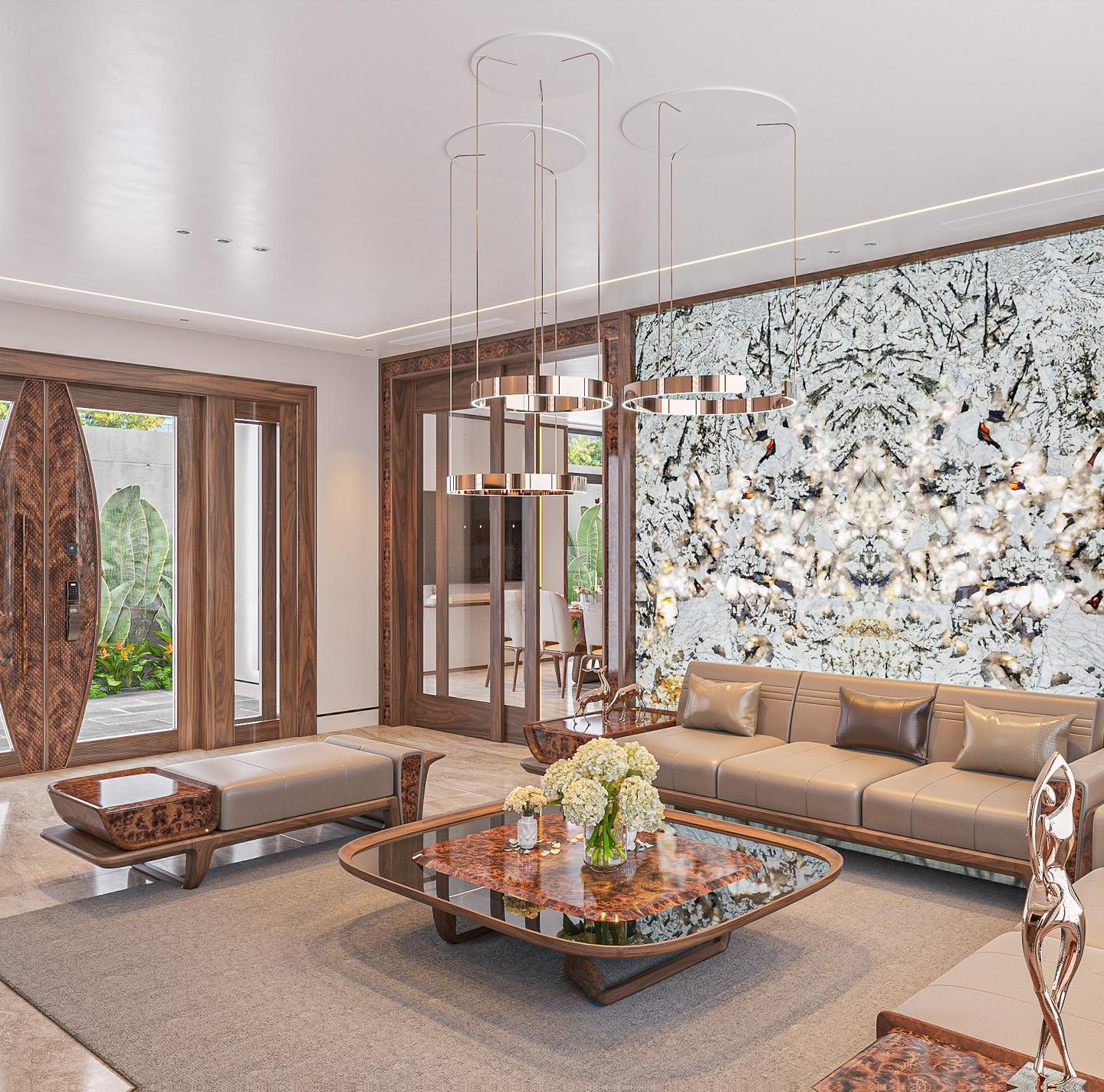 Bàn trà vuông 900×900 mm, mặt kính cường lực trong suốt viền gỗ, lớp veneer nu phía dưới, chân chữ U thanh gỗ bằng óc chó hoặc sồi sơn giả óc chó