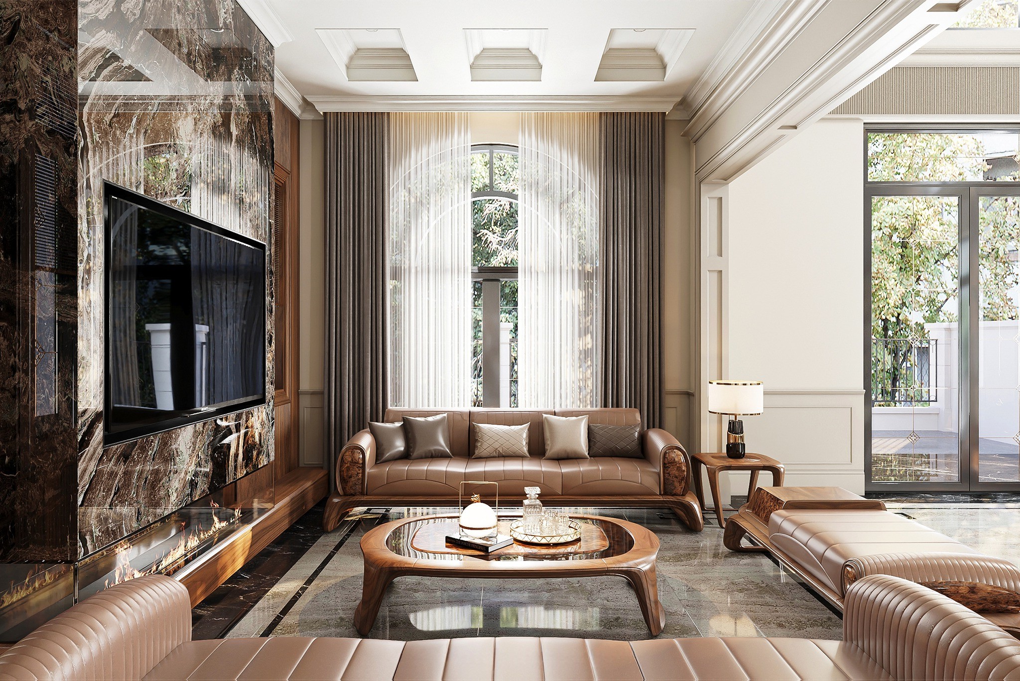 Mẫu bàn trà gỗ đẹp mặt veneer nu và kính hiện đại