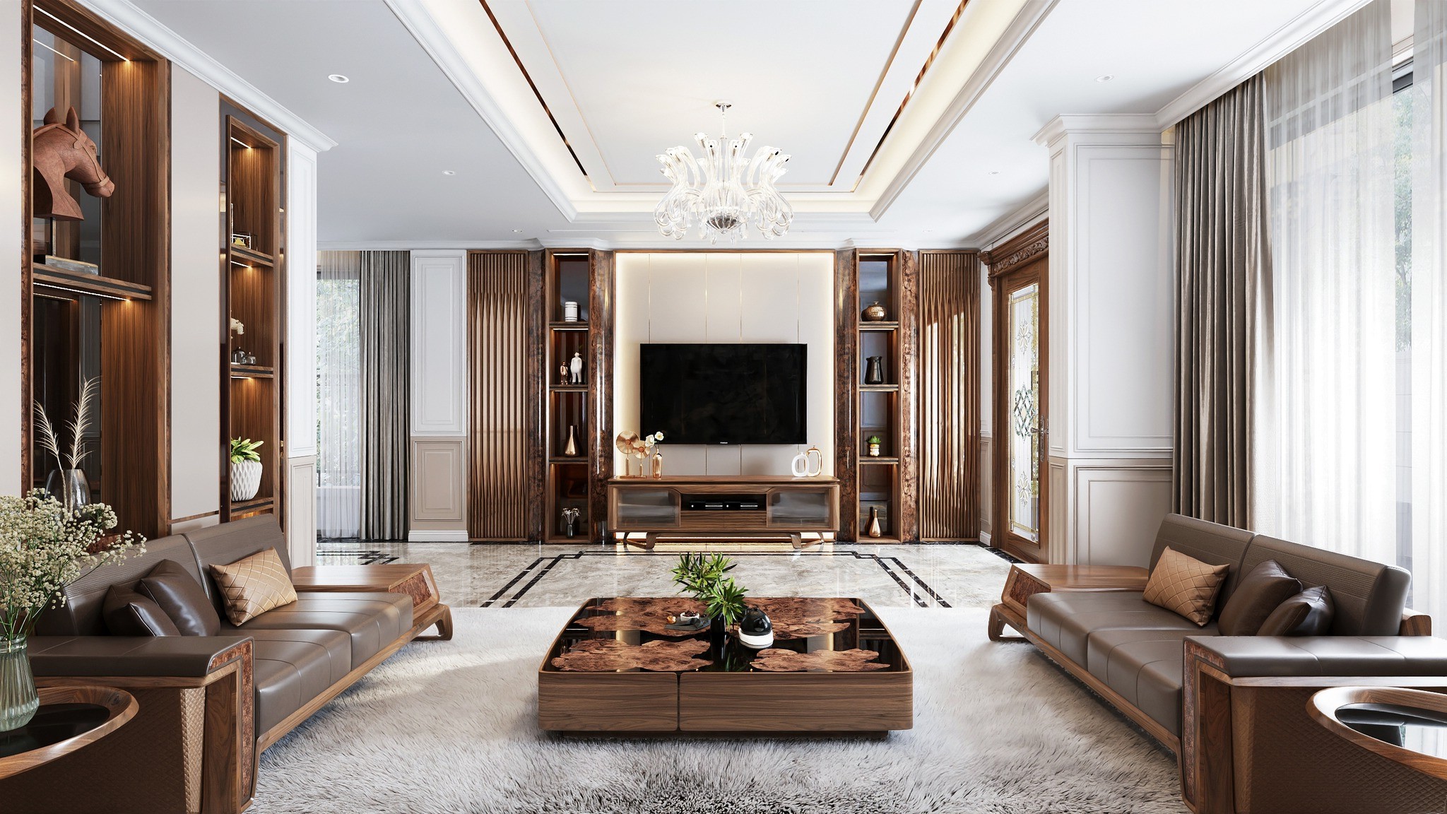 Mẫu bàn trà gỗ tự nhiên hình hộp vuông chân ẩn mặt epoxy tráng gương