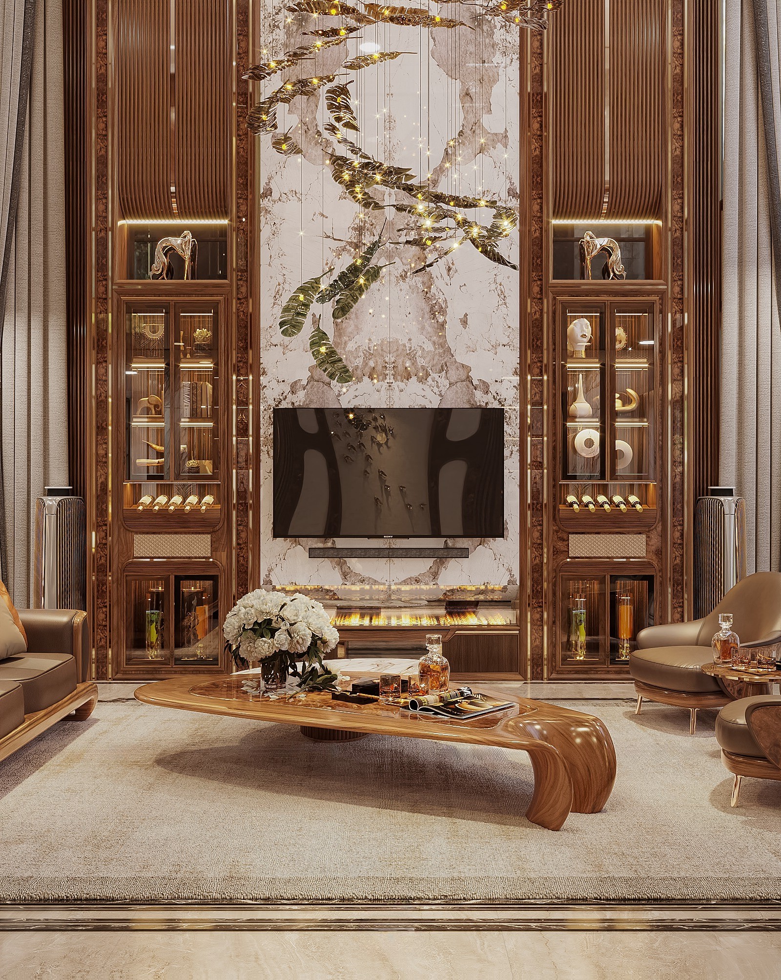 Mẫu bàn trà sofa đẹp mặt bàn hình chiếc lá veneer nu kết hợp bàn trà tròn mặt đá