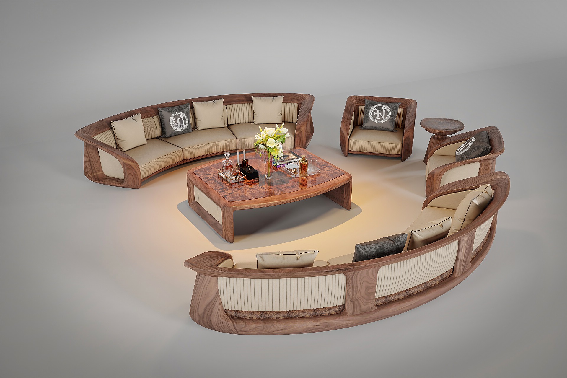 Mẫu bộ bàn ghế phòng khách đẹp bằng gỗ tự nhiên với ghế văng cong và bàn trà veneer nu