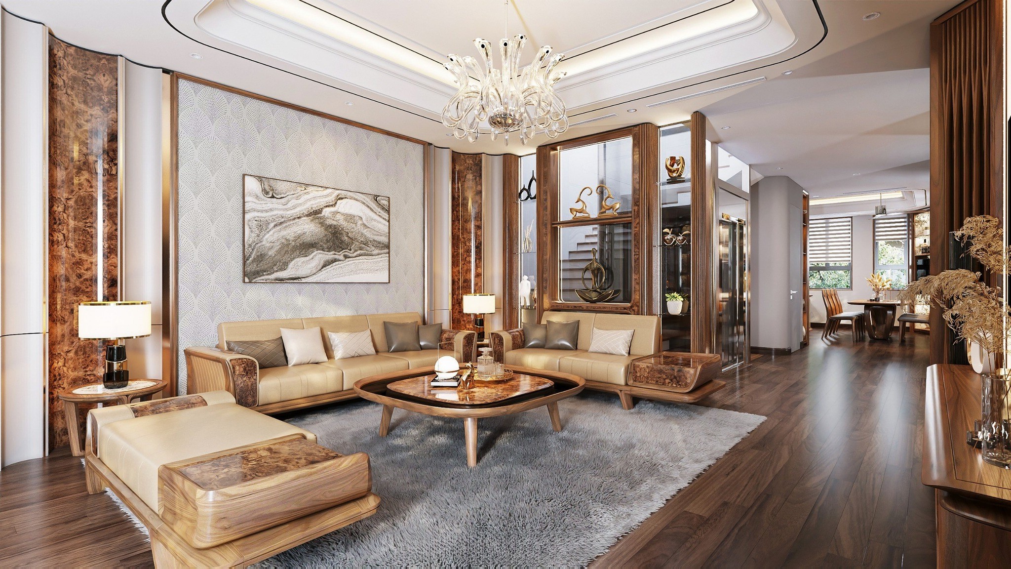 Mẫu ghế sofa gỗ đẹp bọc da be vàng khung gỗ óc chó hiện đại