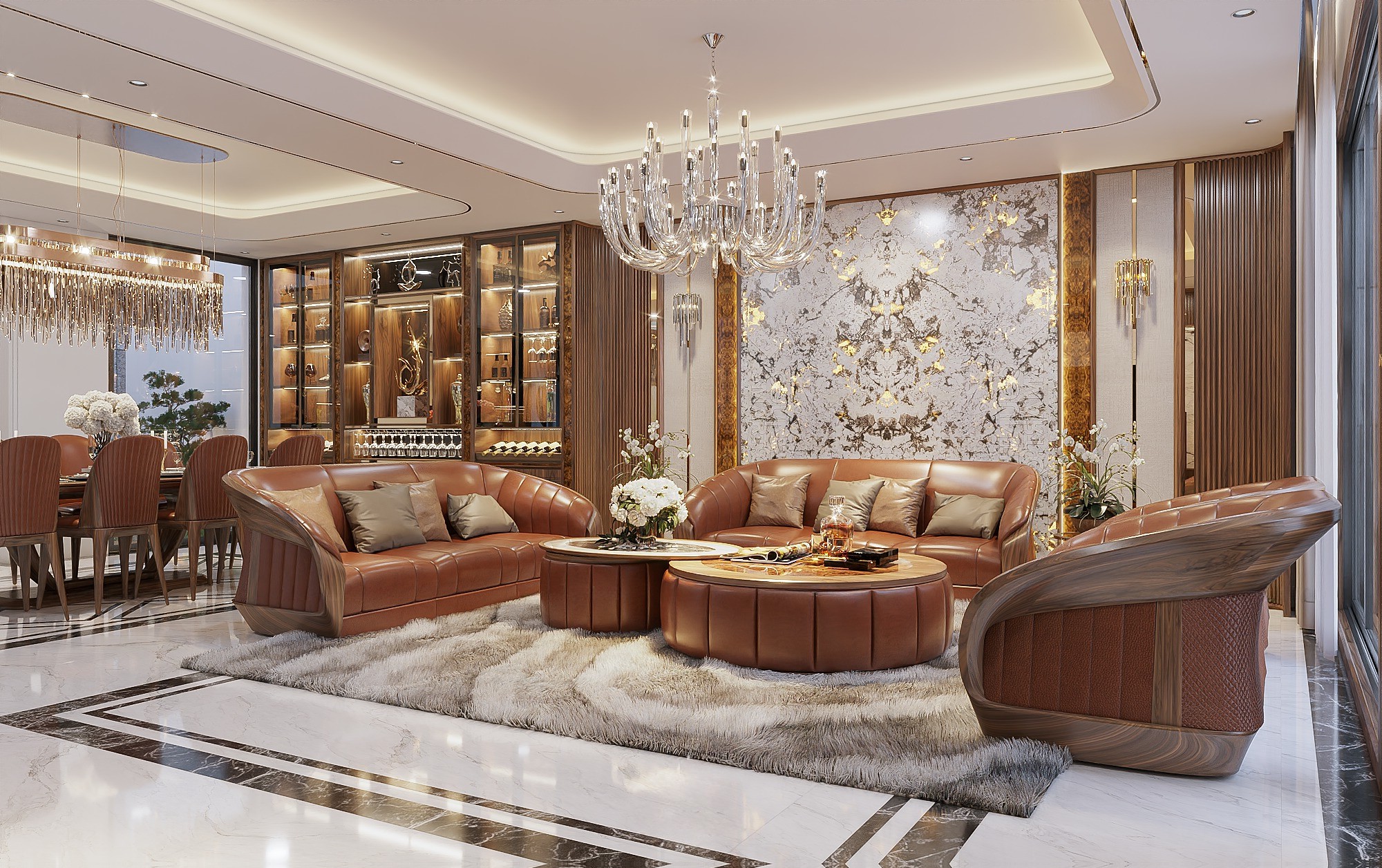 Mẫu ghế sofa gỗ phòng khách hiện đại với đệm da cam đất và bàn trà đá – gỗ