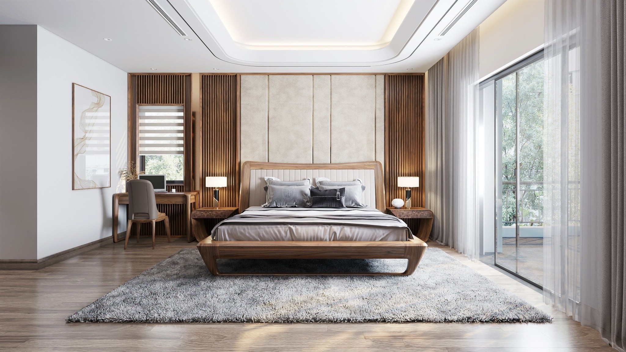 Mẫu giường gỗ óc chó platform thấp hiện đại