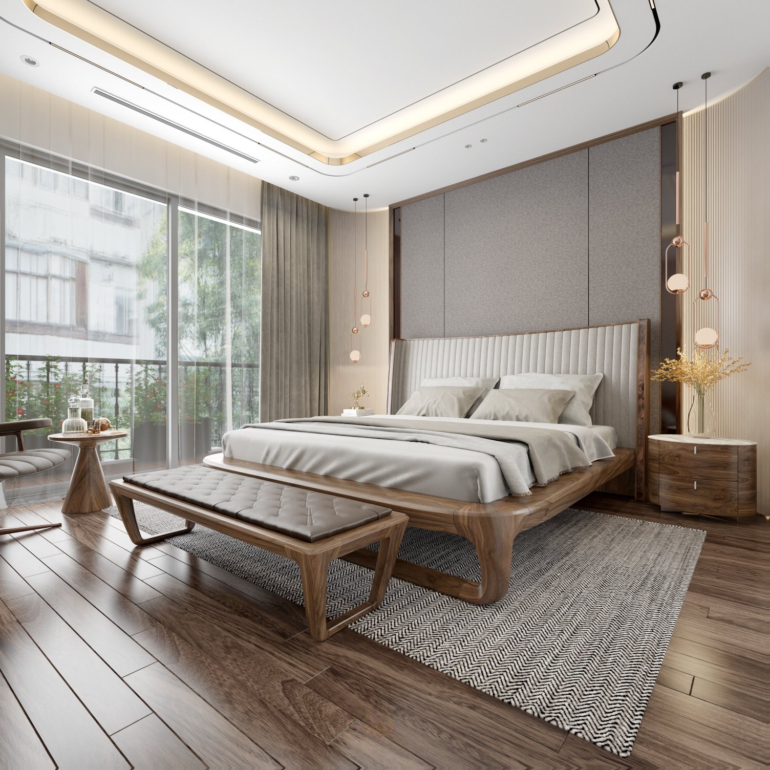 Mẫu giường gỗ óc chó đẹp hiện đại