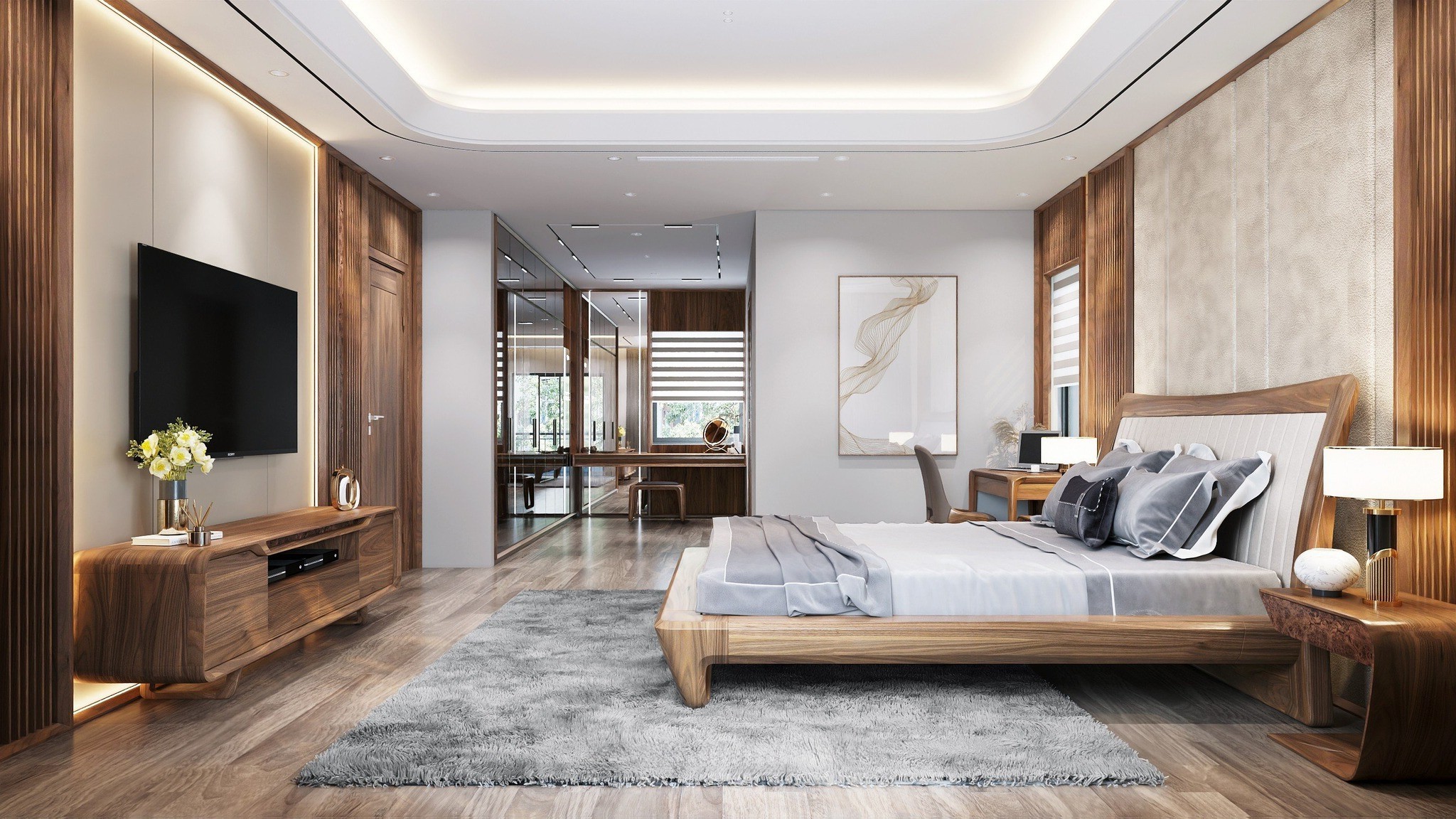 Mẫu giường ngủ đơn giản hiện đại bằng gỗ óc chó hoặc gỗ sồi với tựa đầu bọc da trắng kẻ sọc tinh tế