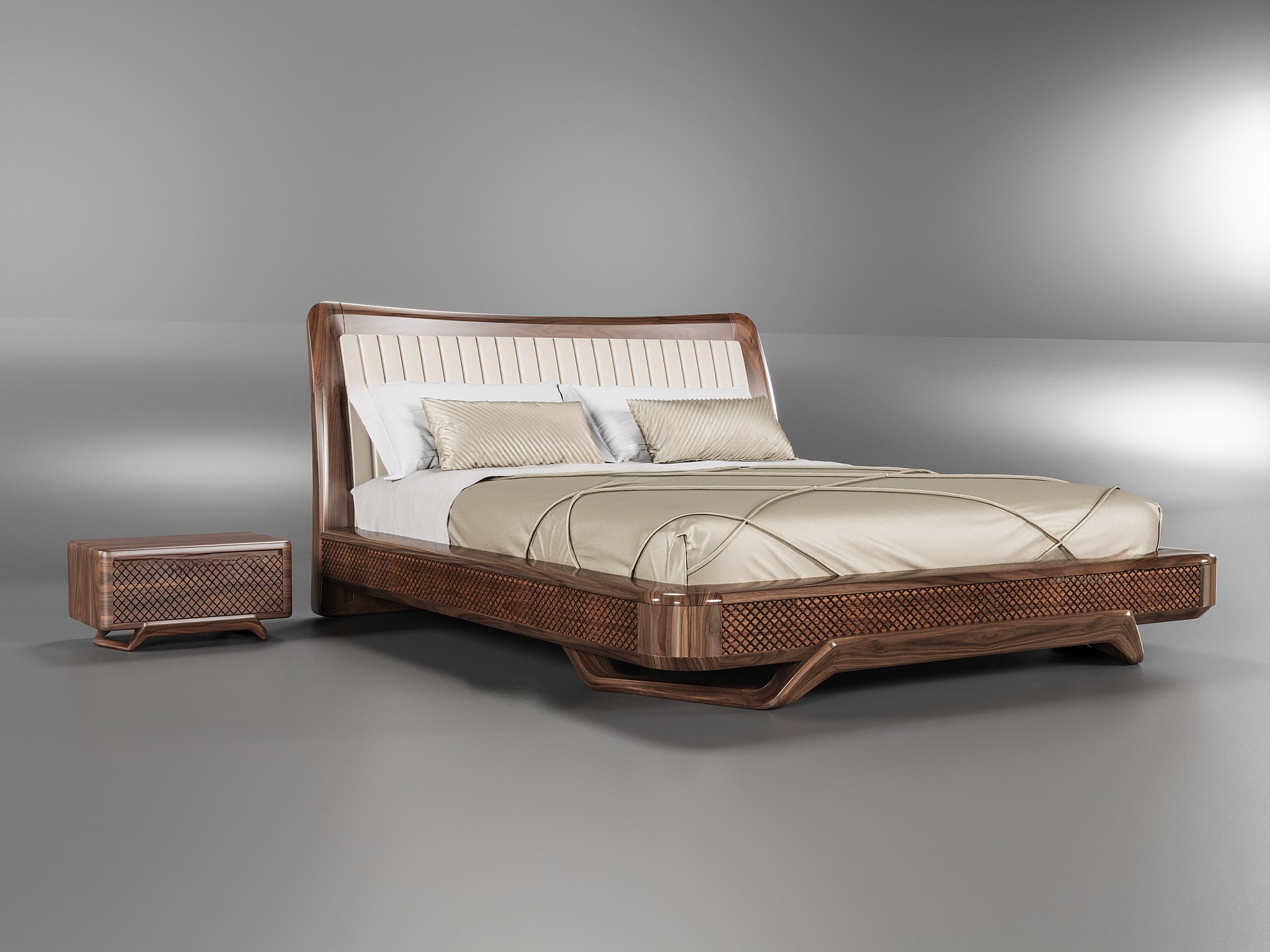 Mẫu giường ngủ gỗ đẹp thấp hiện đại với khung mắt cáo CNC và tựa đầu cong bọc nỉ trắng be