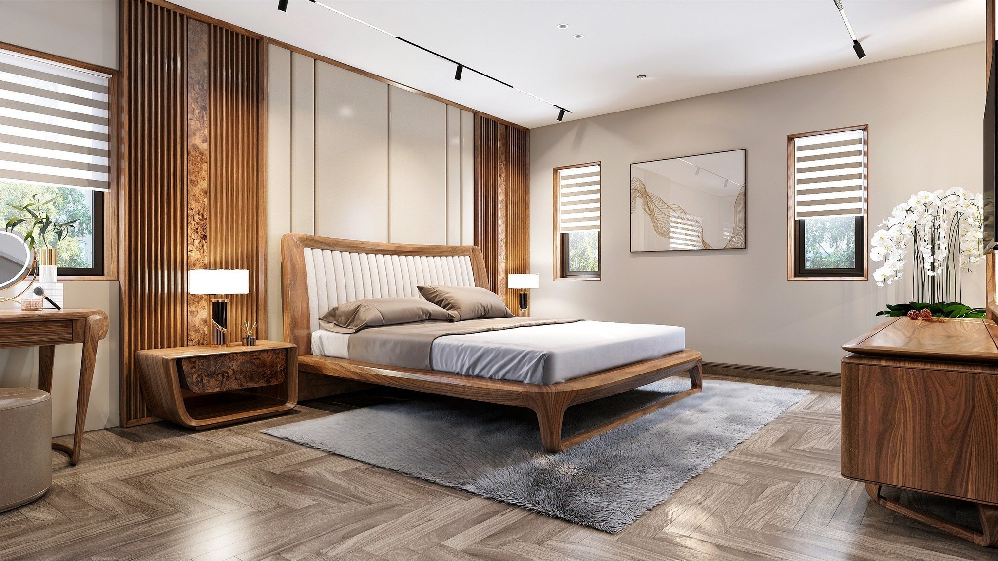 Mẫu giường ngủ hiện đại gỗ óc chó sang trọng