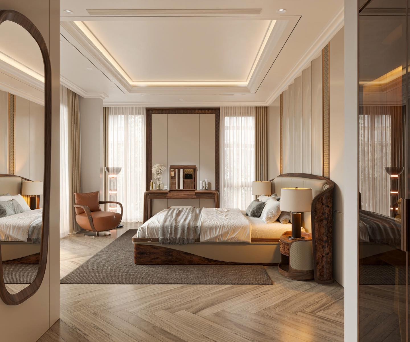 Mẫu giường ngủ bọc da màu be, khung veneer nu và tab đầu giường hình oval