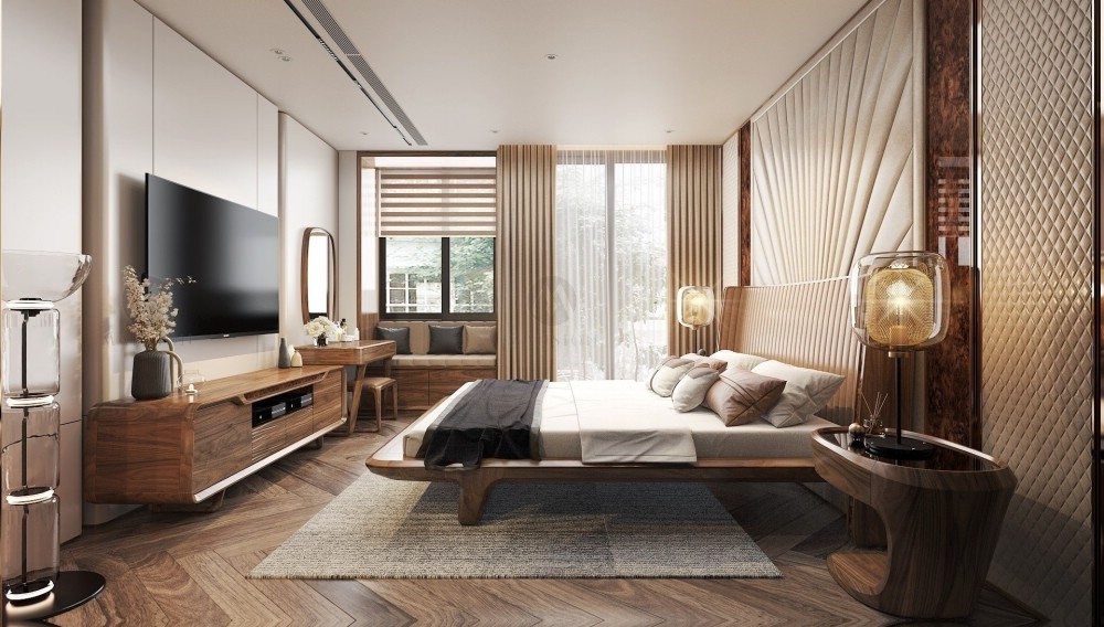 Mẫu giường khung gỗ bao quanh với đầu giường bọc da hoặc vải cao cấp
