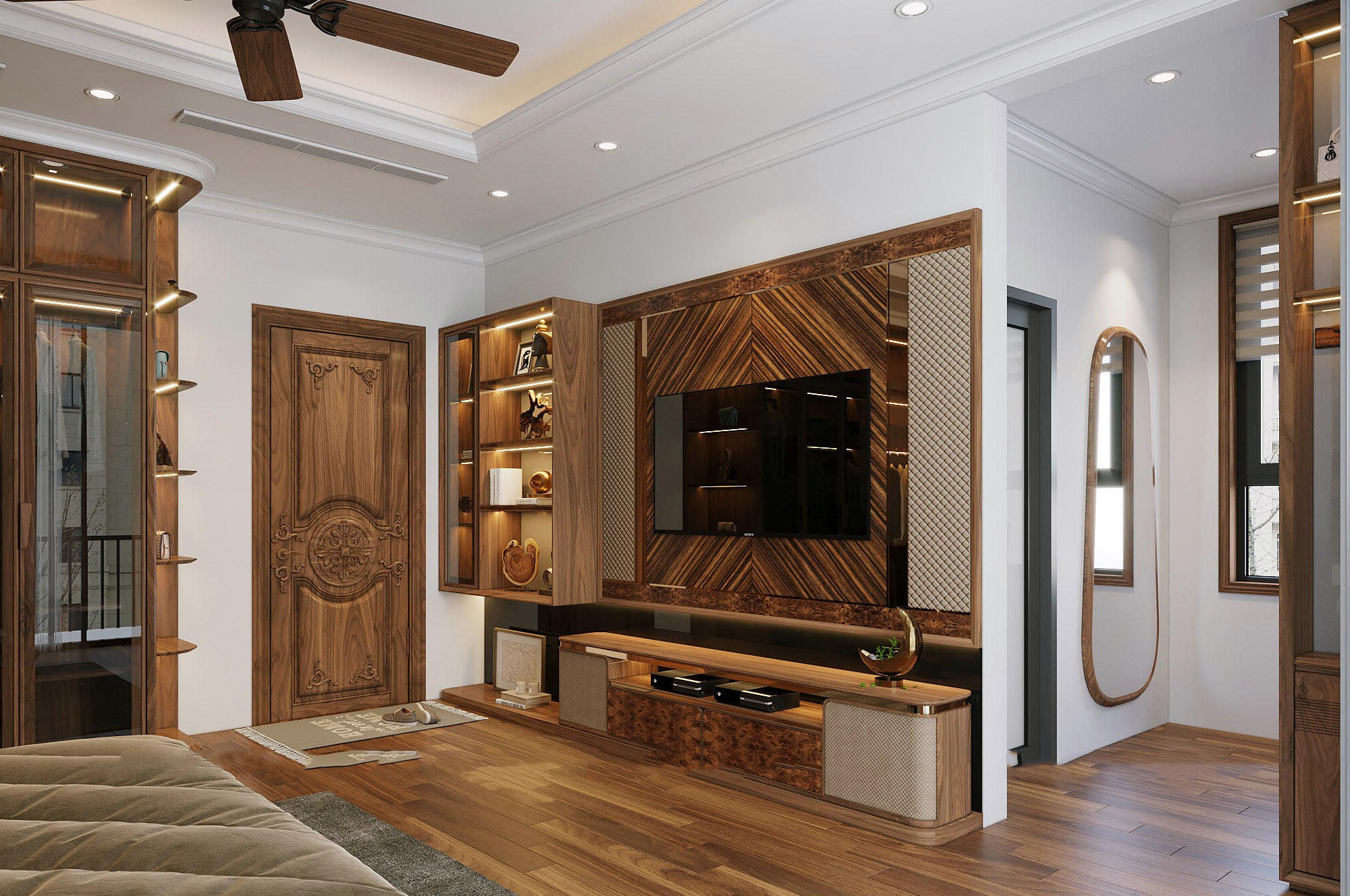 Mẫu kệ tivi đẹp hiện đại bằng gỗ óc chó với cánh CNC họa tiết mắt cáo