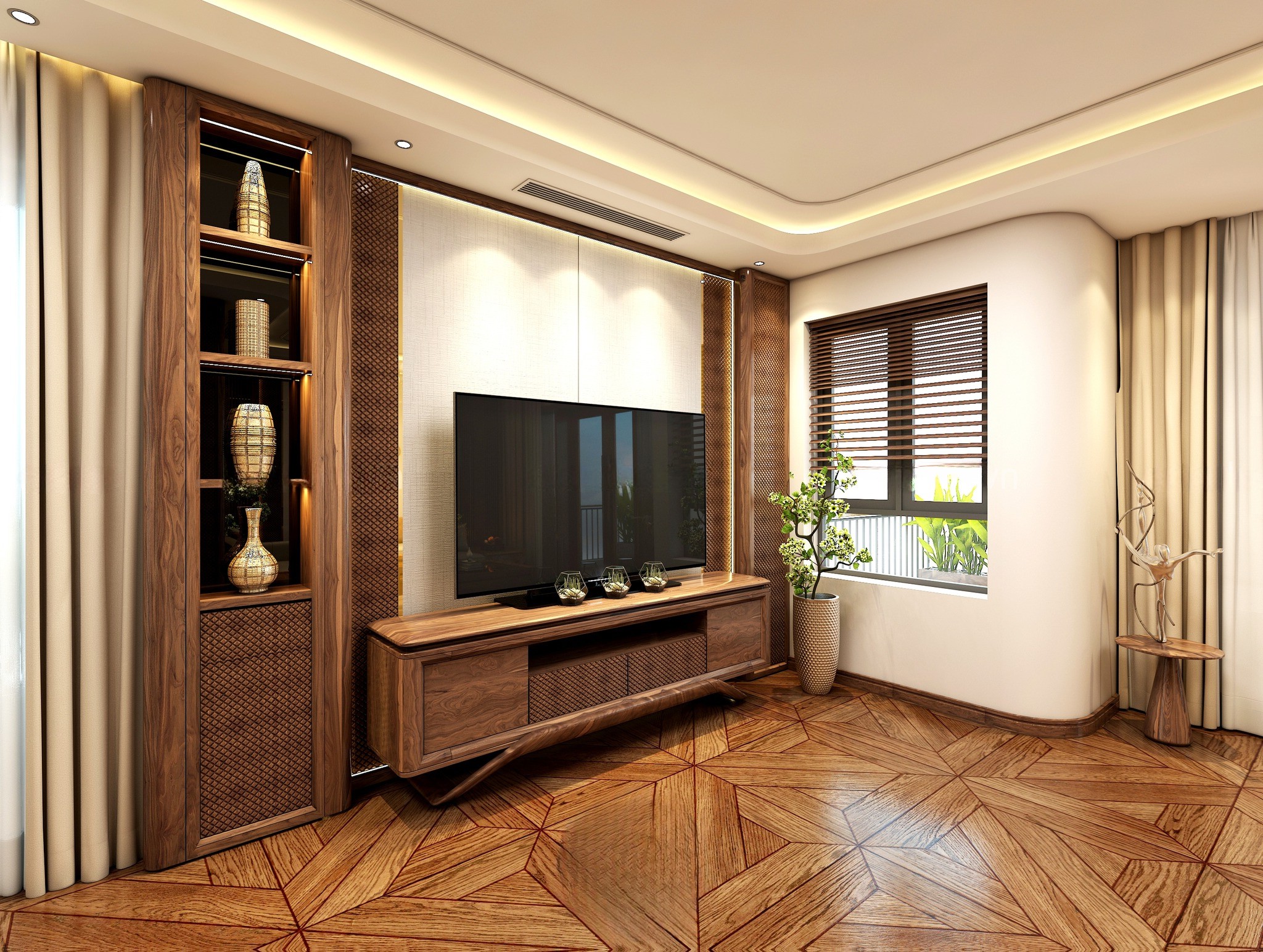 Mẫu kệ tivi hiện đại dáng hộp chữ nhật gỗ óc chó với ngăn kéo CNC quả trám